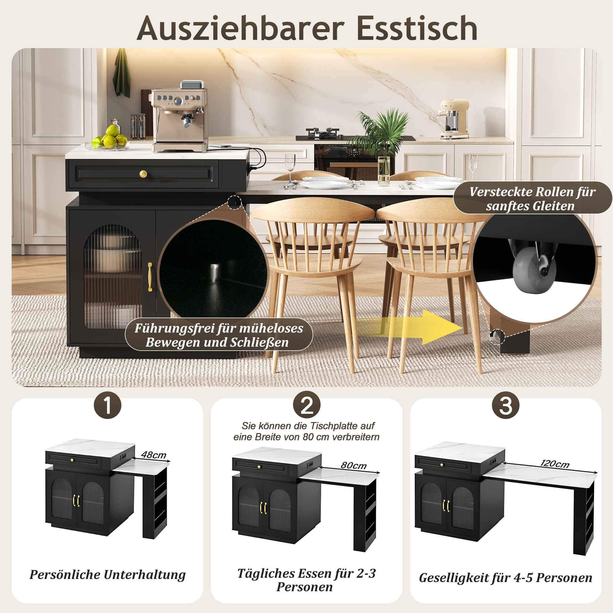 Ein ausziehbarer Esstisch mit schwarzem Unterbau, weißer Platte und Holzstühlen. Zeigt Abmessungen für verschiedene Tischgrößen.