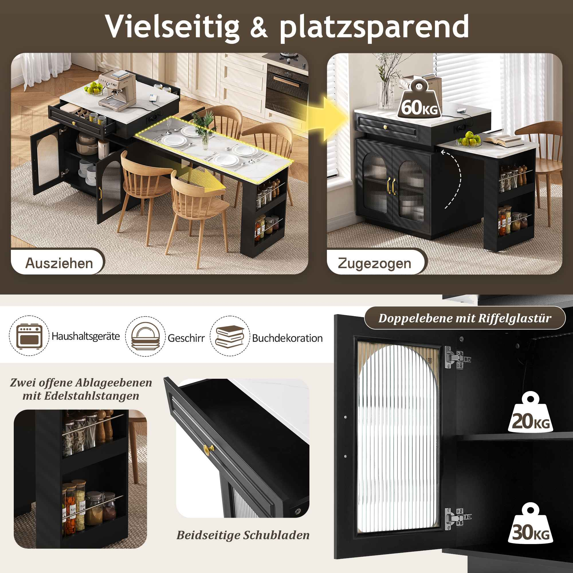 Eine multifunktionale schwarze Kücheninsel mit ausklappbarem Tisch. Zeigt offene und geschlossene Konfigurationen.