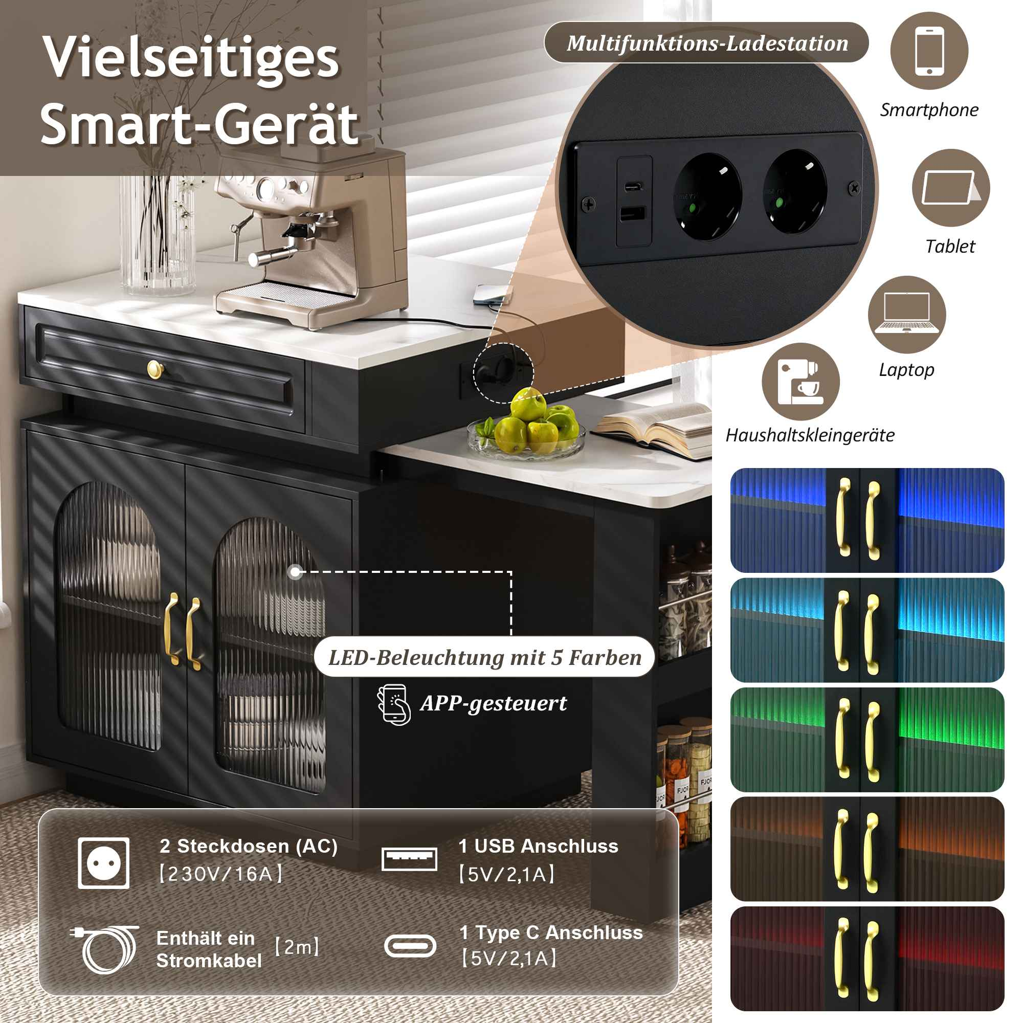 Ein Smart-Gerät mit Kaffeemaschine, Steckdosen, USB-Anschlüssen und LED-Beleuchtung in einem schwarz-weißen Schrank.