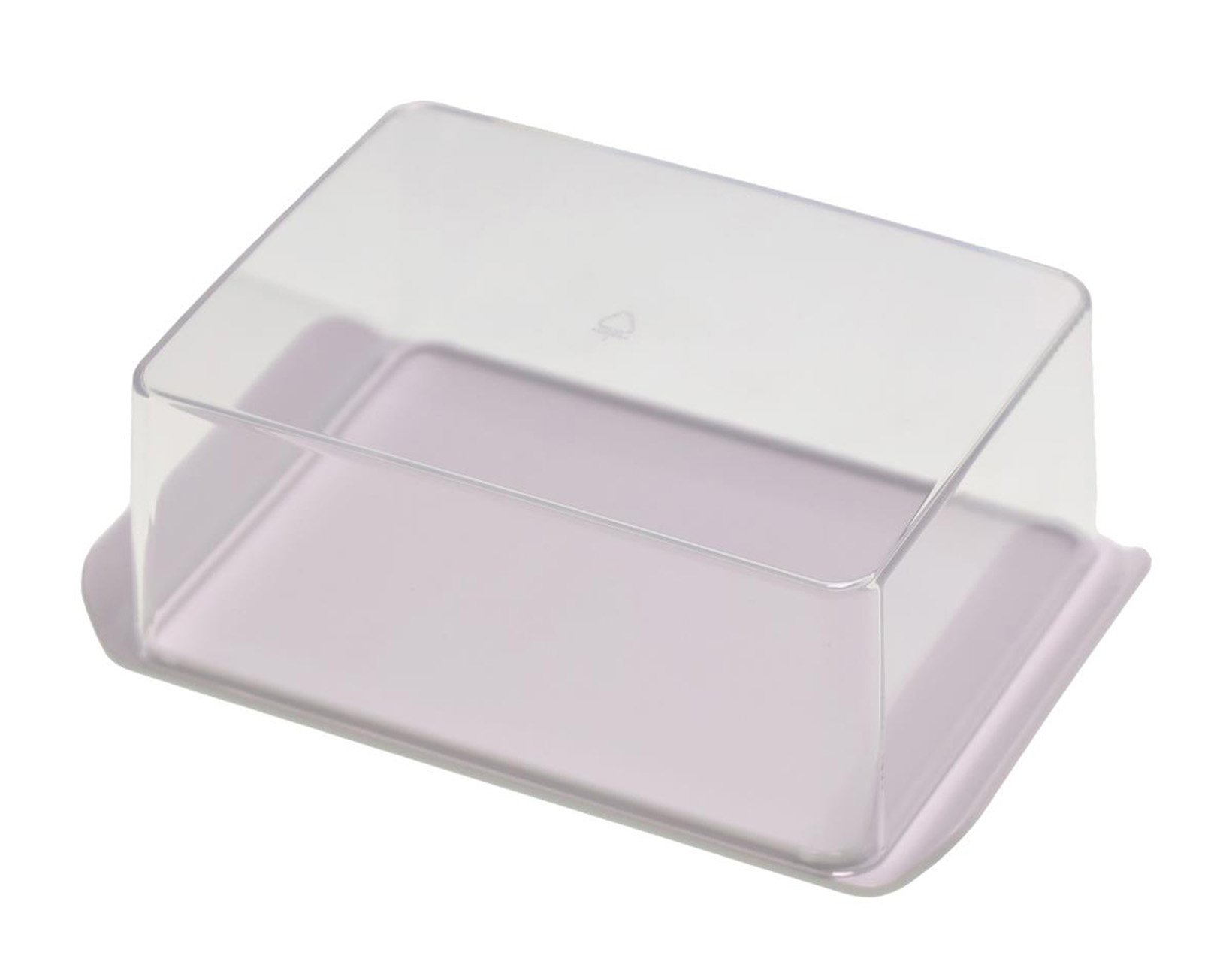 Eine klare, rechteckige Butterdose mit Deckel. Die Dose und der Deckel sind transparent, mit helllila Boden.