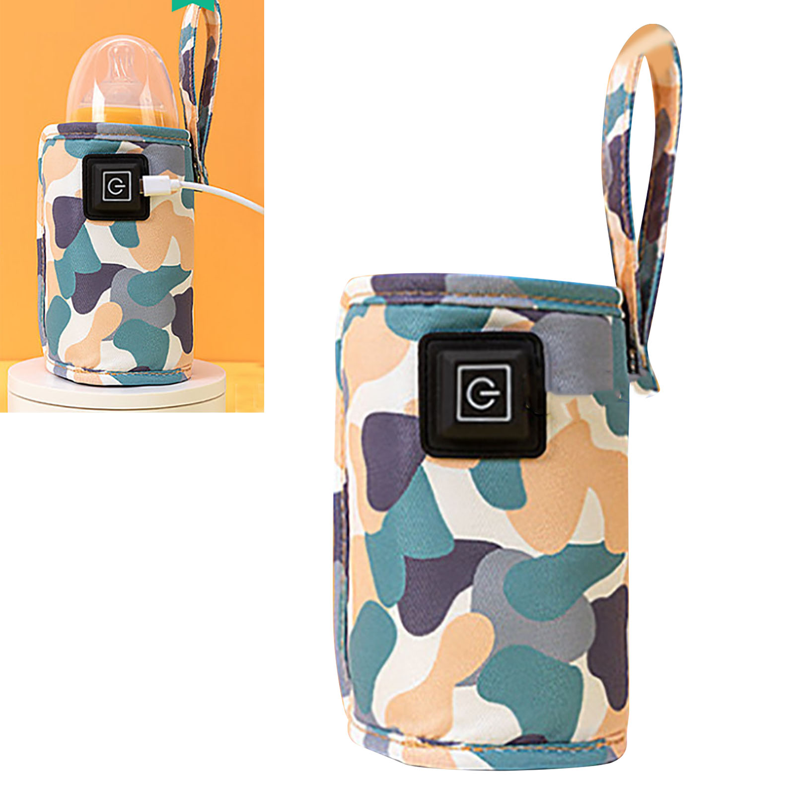Ein Flaschenwärmer mit Camouflagemuster, Ein-/Aus-Taste, Griff und Babyflasche darin.