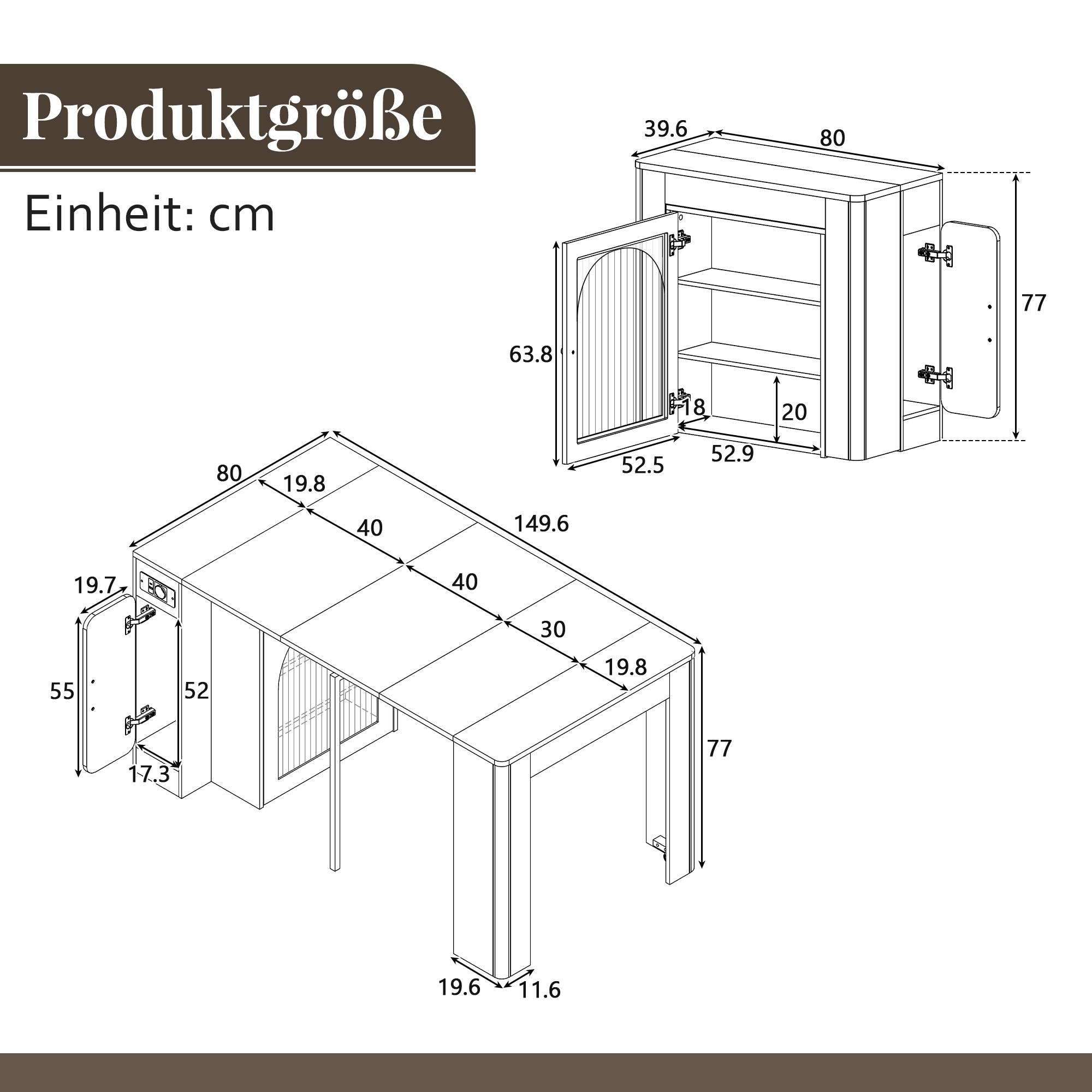 Diagramm von Möbeln mit Abmessungen in cm. Enthält einen Schrank und einen Tisch. Text zeigt Produktgröße und Einheit: cm.