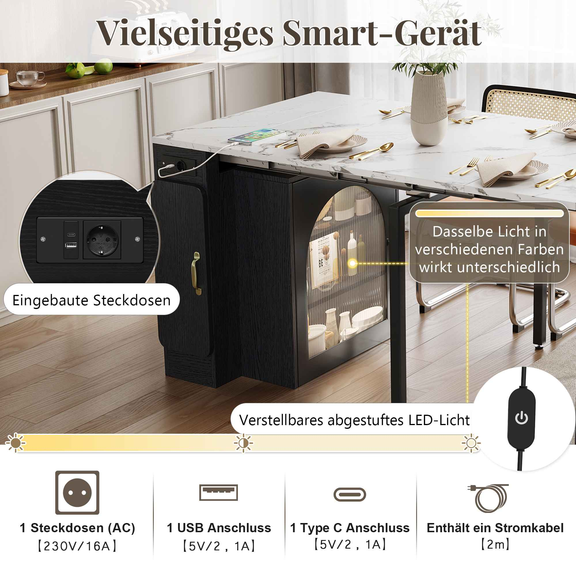 Ein Smart-Gerät mit eingebauten Steckdosen und USB-Anschlüssen, einstellbarem LED-Licht und Netzkabel. Ein Tisch mit weißer Marmorplatte.