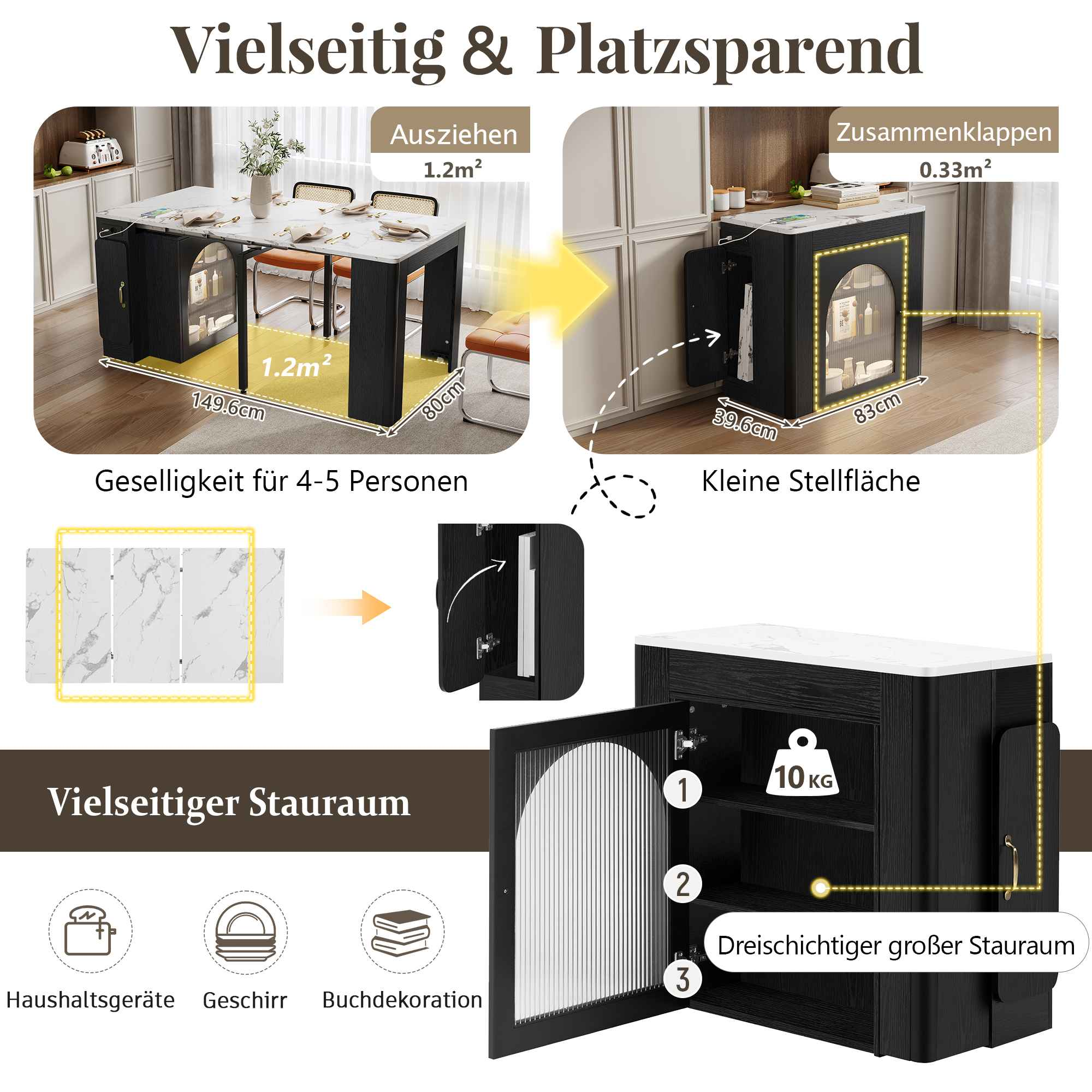 Ein multifunktionaler Tisch verwandelt sich von einem Esstisch in einen kompakten Schrank, der Stauraum und platzsparendes Design zeigt.