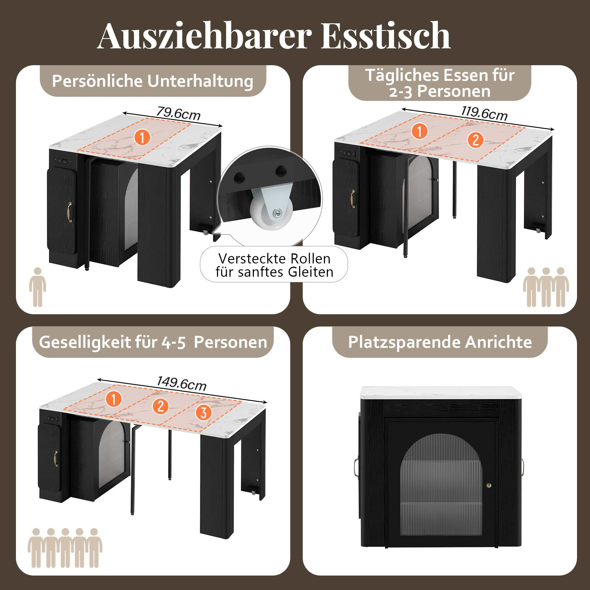 Ein weißer, schwarzer, ausziehbarer Esstisch wird gezeigt. Er hat Abmessungen und Kapazitätsangaben. Enthält versteckte Rollen.