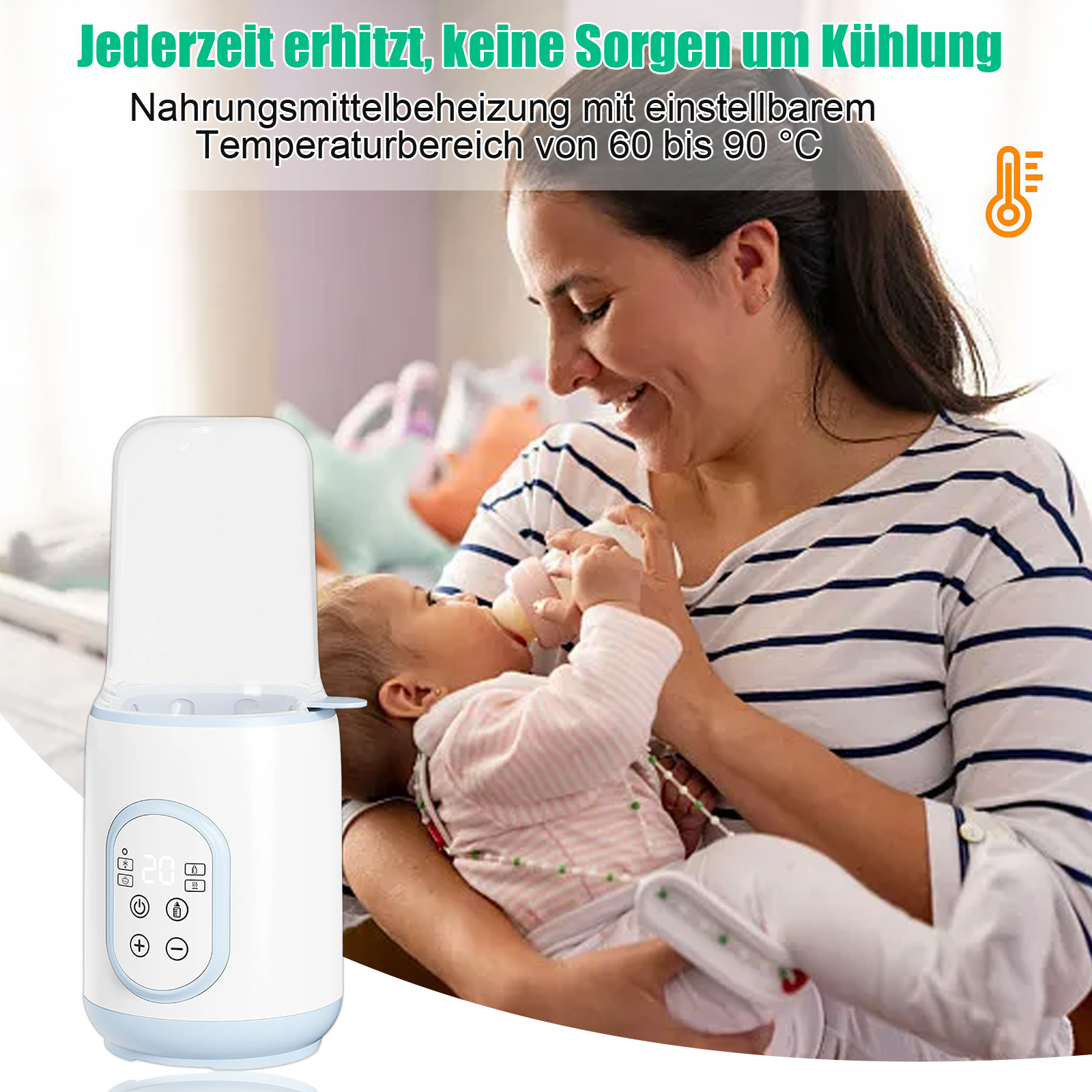 Eine Frau füttert ein Baby mit einer Flasche, neben einem Babyflaschenwärmer. Text: Erhitzt Nahrung auf 60-90°C.