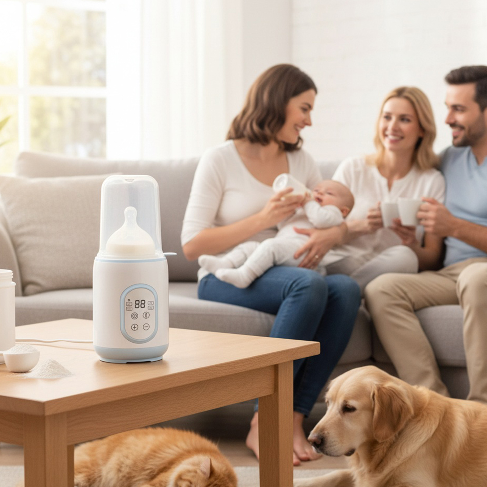 Eine Familienszene. Eine Frau füttert ein Baby. Ein Flaschenwärmer steht auf einem Tisch. Ein Hund und eine Katze sind anwesend.