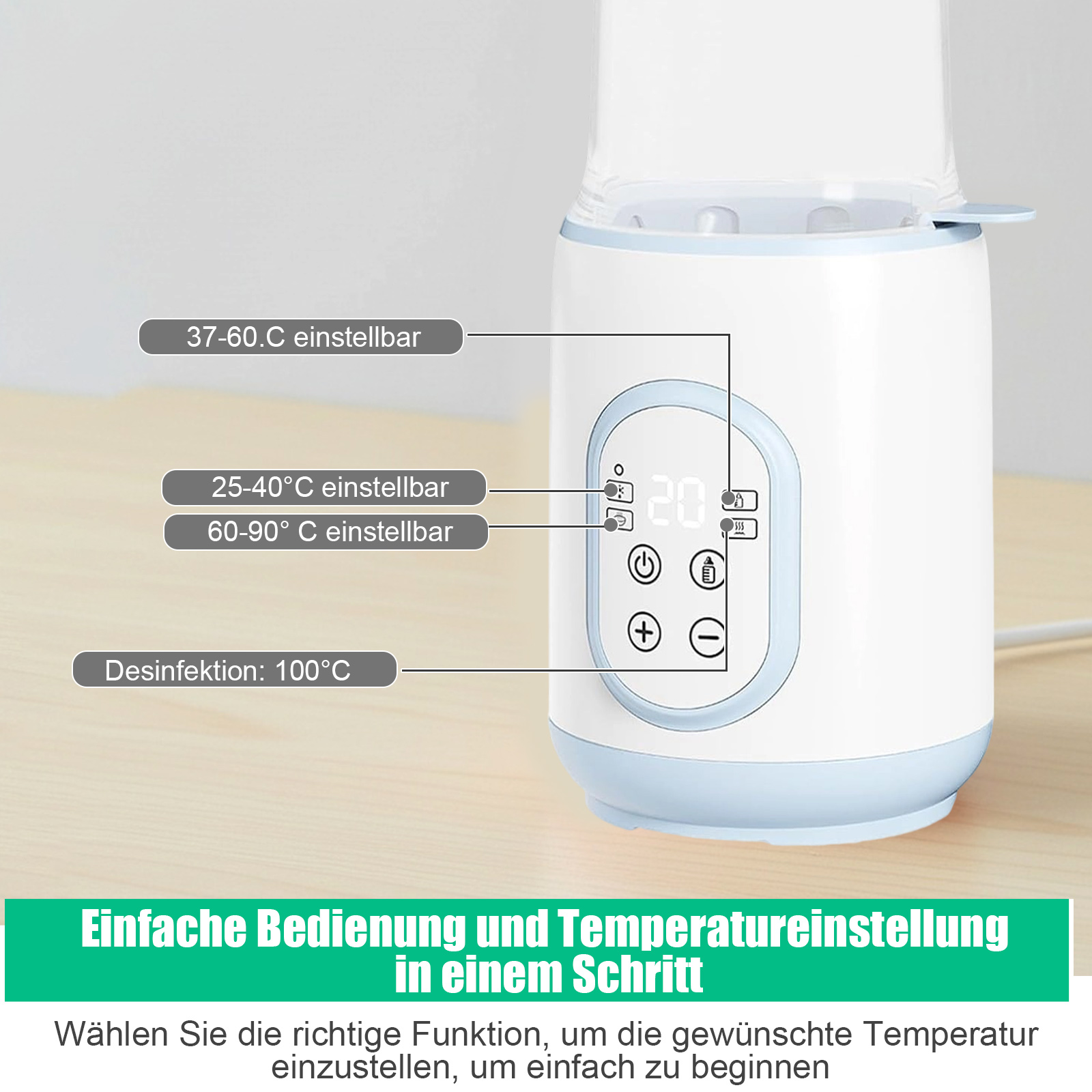 Ein weiß-blauer Babyflaschenwärmer mit Temperatureinstellungen und digitaler Anzeige.