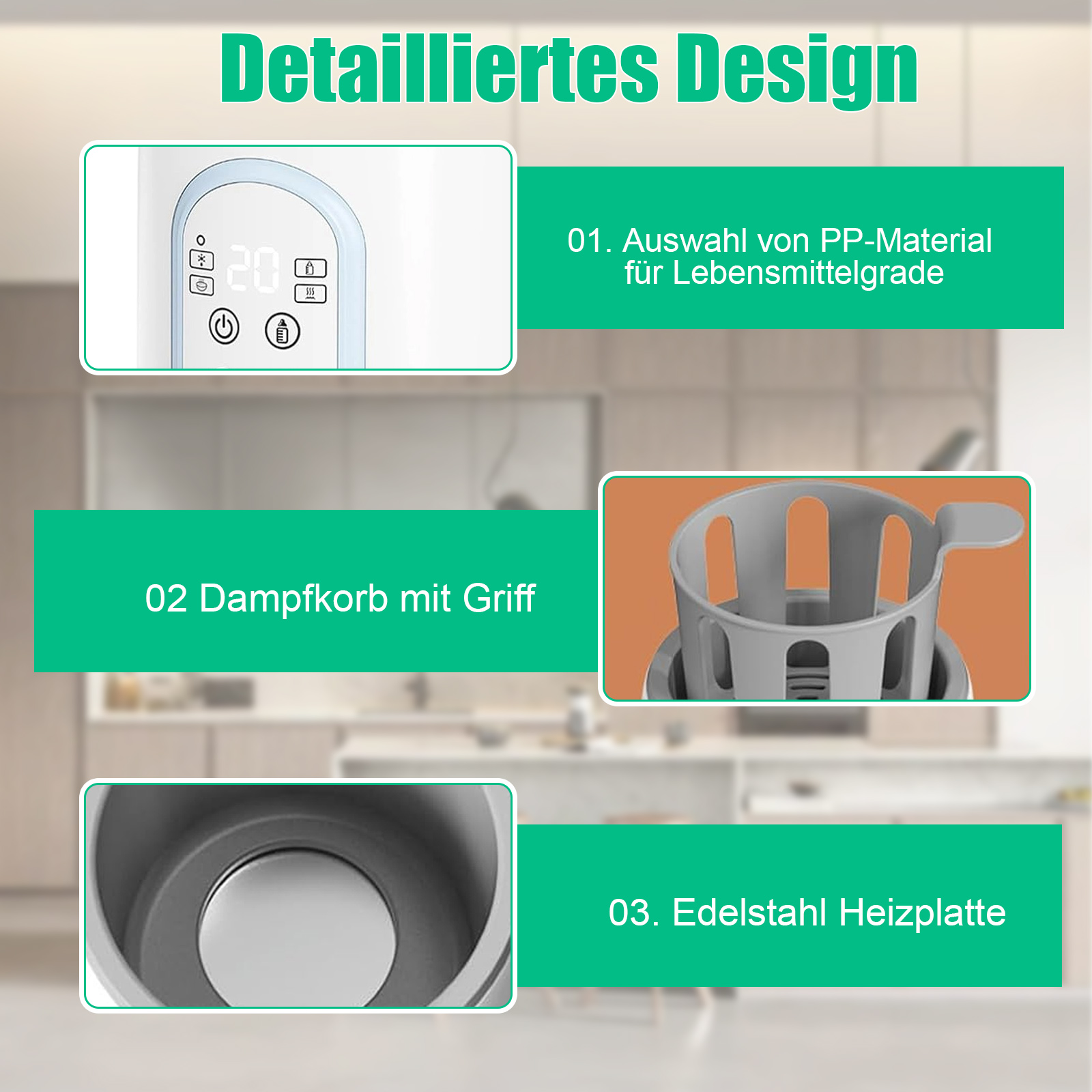 Das Bild zeigt ein Produkt mit deutschen Beschriftungen. Es hebt Teile wie ein Bedienfeld, einen Dampfkorb und eine Edelstahlheizplatte hervor.