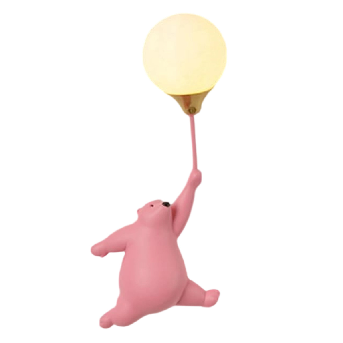 Eine rosa Bärenfigur, die eine Glühbirne hält. Die Glühbirne ist rund und leuchtet. Der Bär greift nach dem Licht.