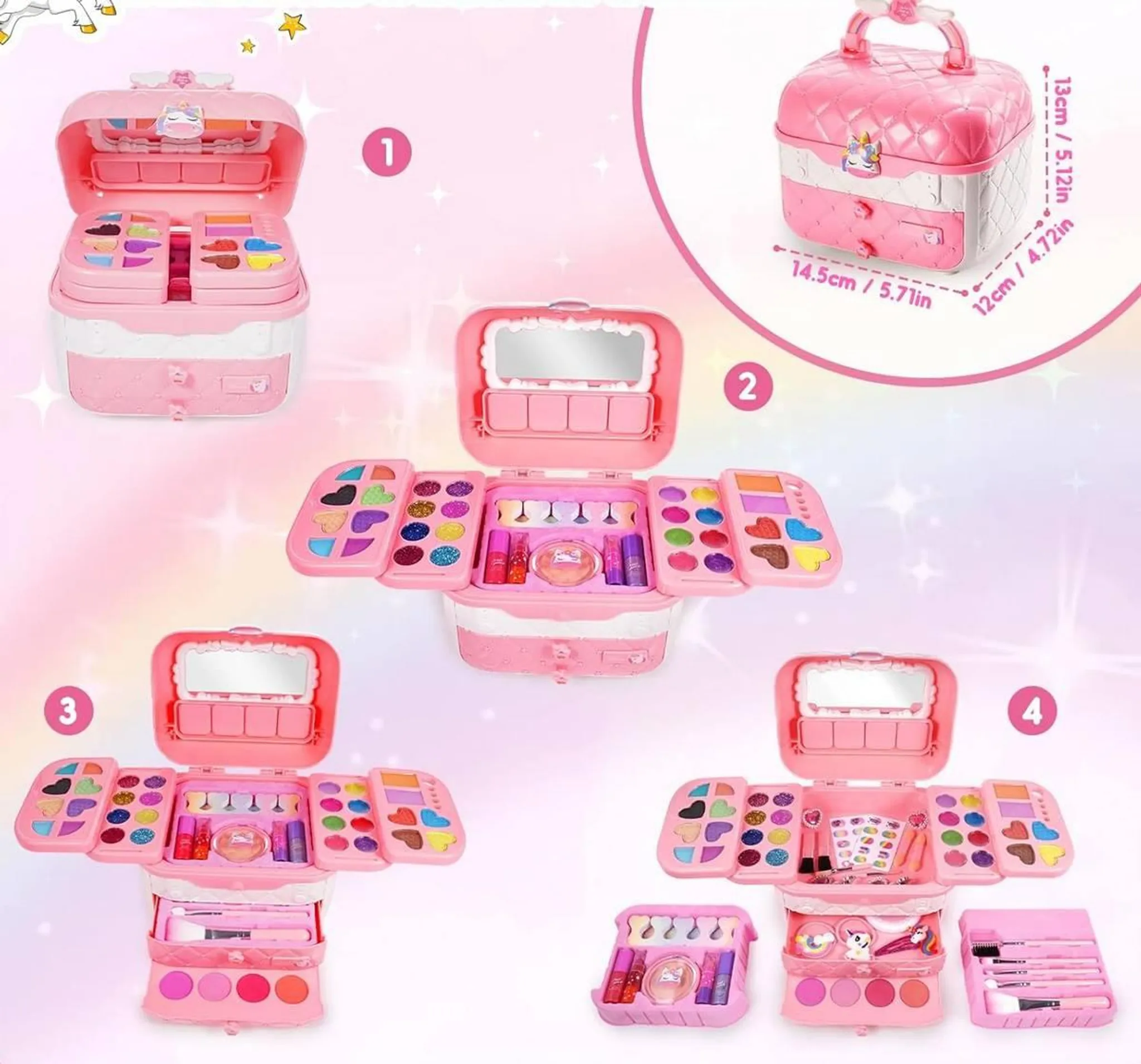 Ein offenes rosa Einhorn-Make-up-Set mit Lidschatten, Lippenstiften und Spiegel. Das Set befindet sich auf einem rosa Hintergrund.