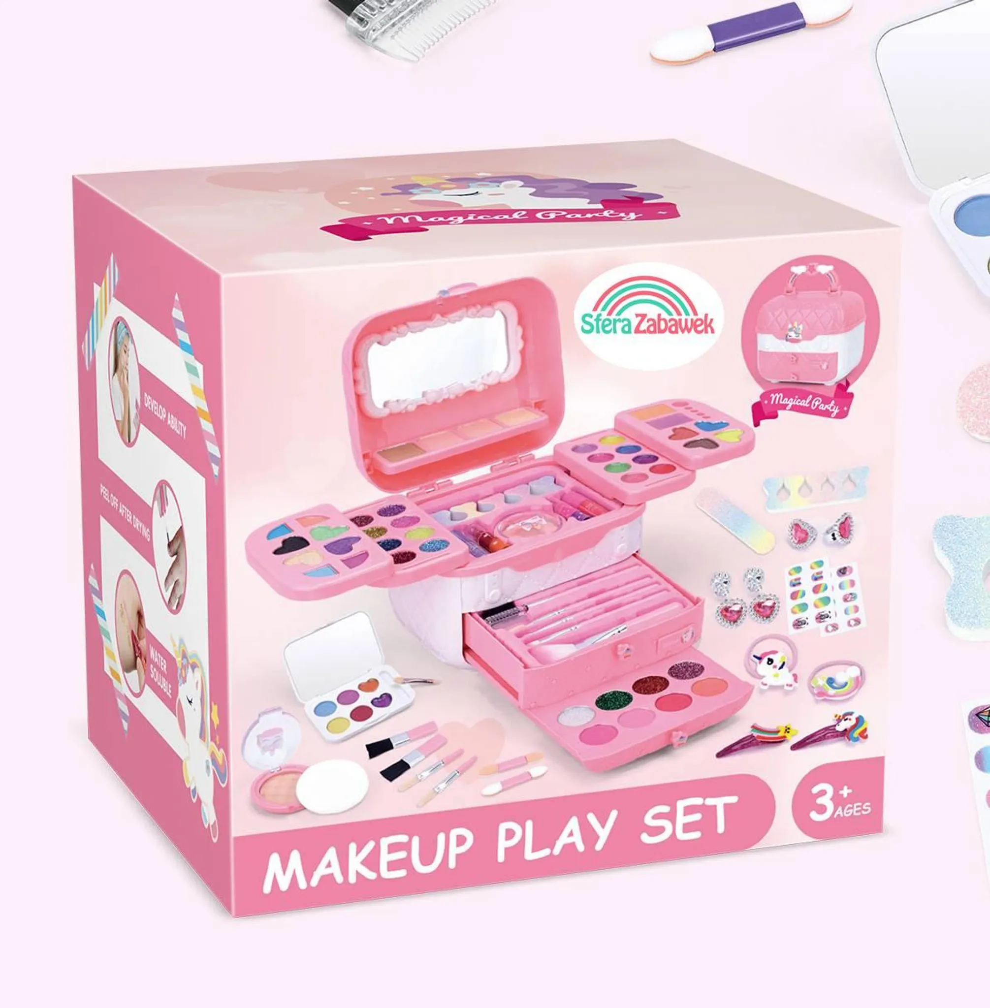 Ein rosa Make-up-Spielset mit verschiedenen Kosmetika, Pinseln und Zubehör. Auf der Box steht 'Magical Party' und '3+ Jahre'.