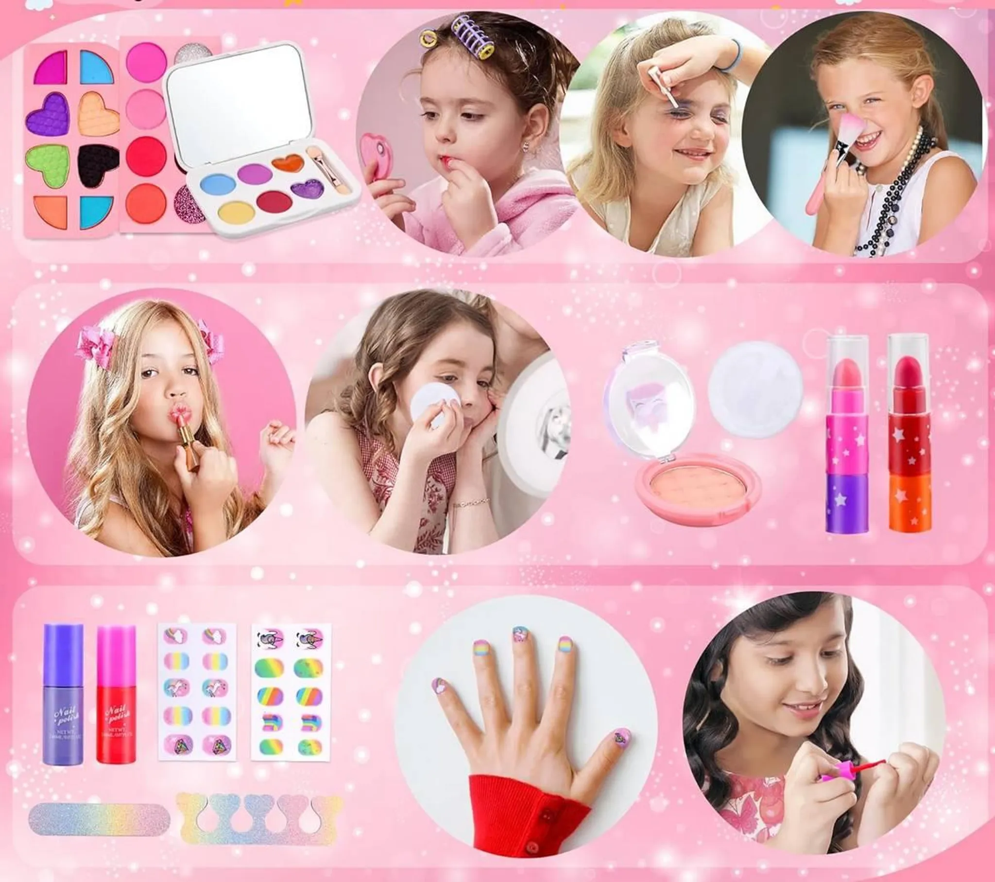 Das Bild zeigt Mädchen mit Make-up-Kits, die Make-up auftragen. Zu den Produkten gehören Lidschatten, Rouge, Lippenstift und Nagellack. Mehrere Mädchen sind anwesend.