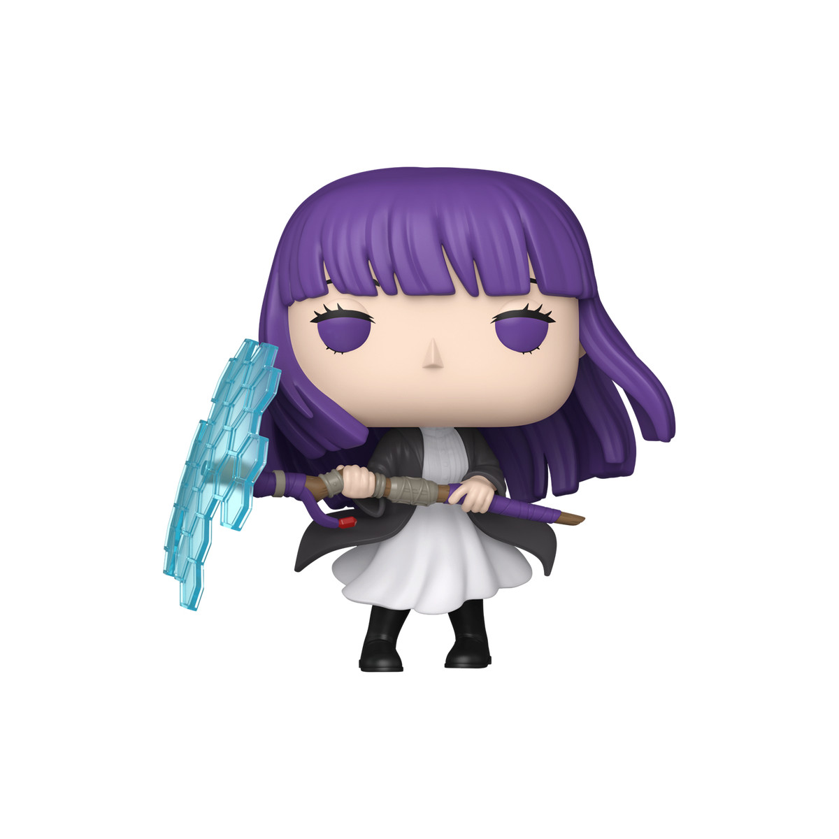 Figurka Funko Pop z fioletowymi włosami, czarnym płaszczem, białą sukienką i niebieskim energetycznym kosą. Figurka jest na białym tle.