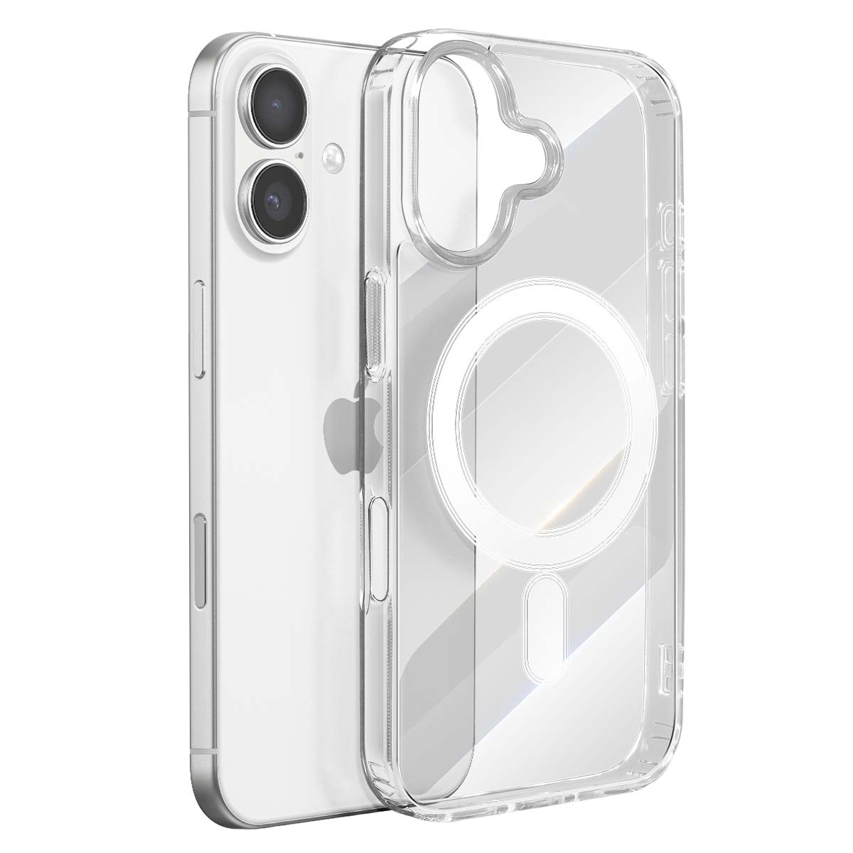 Transparente iPhone-Hülle mit einem Telefon darin. Die Hülle hat einen Magnetring auf der Rückseite. Apple-Logo sichtbar. Die Kamera ist links.
