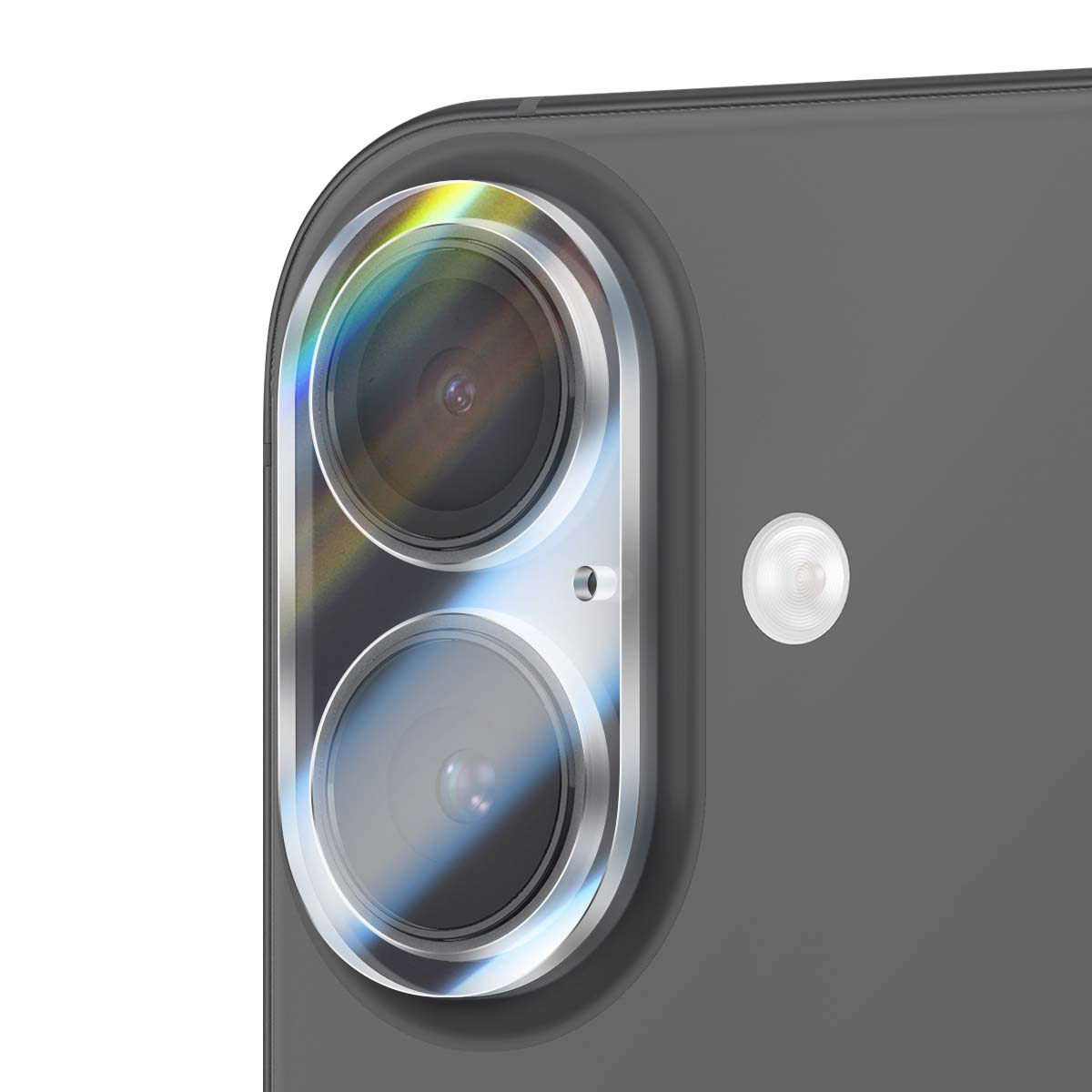 Nahaufnahme eines Smartphone-Kameramoduls. Zwei Objektive sind sichtbar, zusammen mit einem Blitz. Das Gehäuse des Telefons ist dunkelgrau.