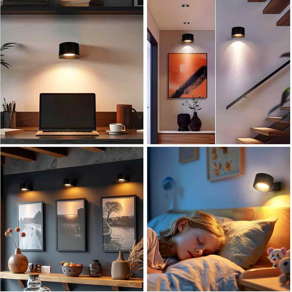 Vier Bilder, die schwarze zylindrische Wandleuchten in verschiedenen Umgebungen zeigen: Schreibtisch, Flur, Wohnzimmer und Schlafzimmer.