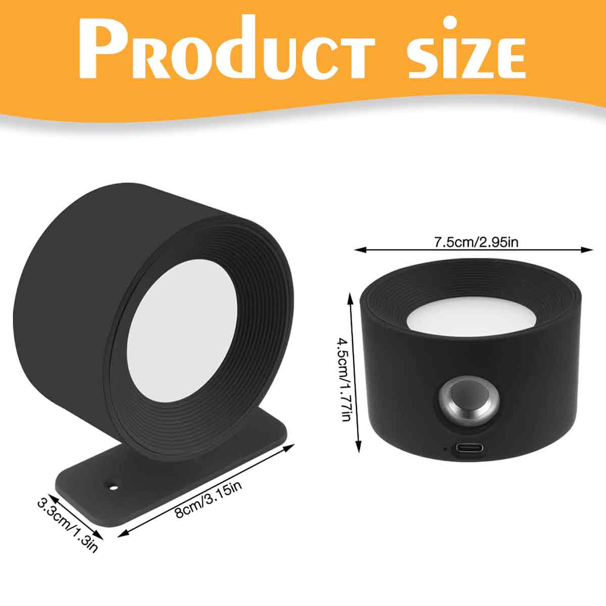 Das Bild zeigt zwei schwarze kreisförmige Objekte mit weißen Zentren, die Produktgröße mit Abmessungen in cm/Zoll anzeigen. Text 'PRODUCT SIZE' steht oben.