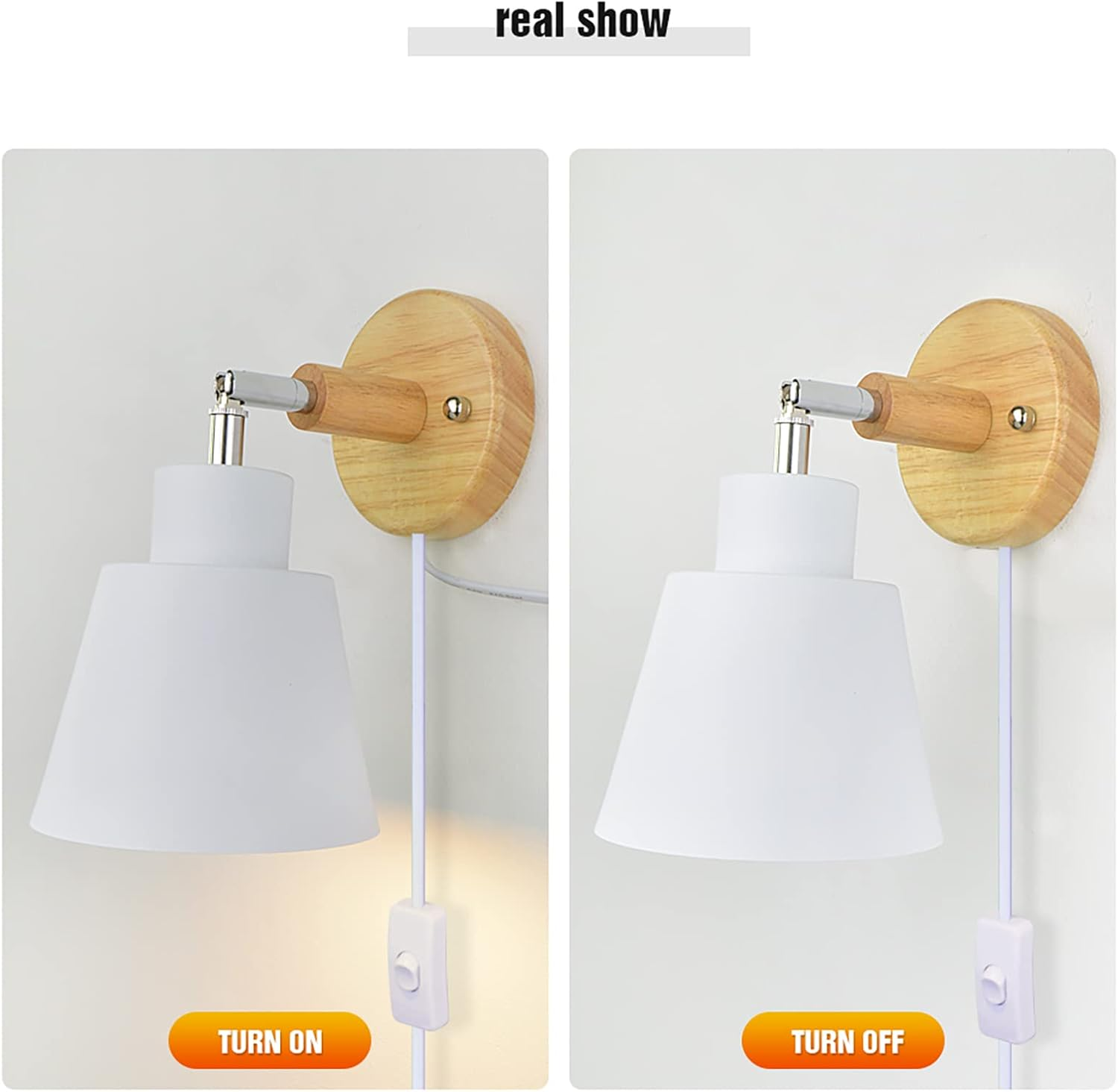 Zwei Wandlampen, eine an und eine aus, weiße Schirme, Holzsockel, an einer weißen Wand. Etiketten sagen 'An' und 'Aus'.