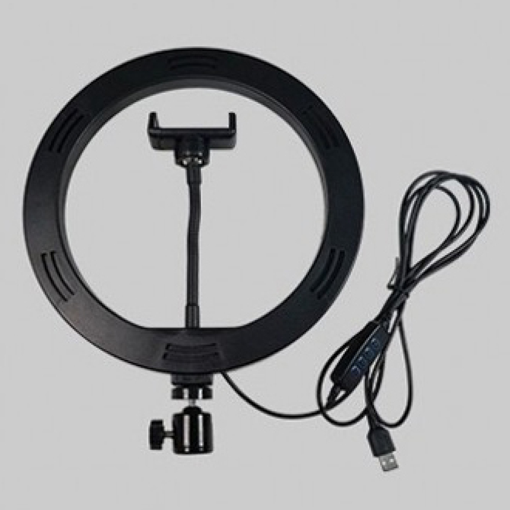 Anello luminoso nero con supporto per telefono, supporto e cavo USB. La luce è circolare con fessure. Lo sfondo è grigio chiaro.