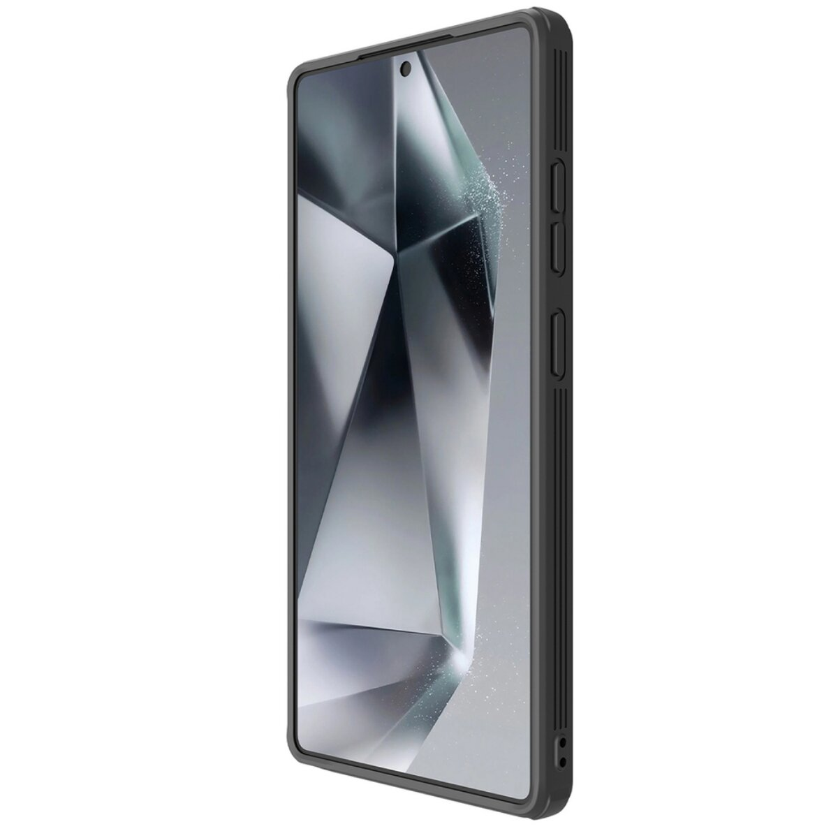 Ein Smartphone in einer dunkelgrauen Hülle, leicht nach links geneigt. Der Bildschirm zeigt ein geometrisches, abstraktes Design in Grautönen.