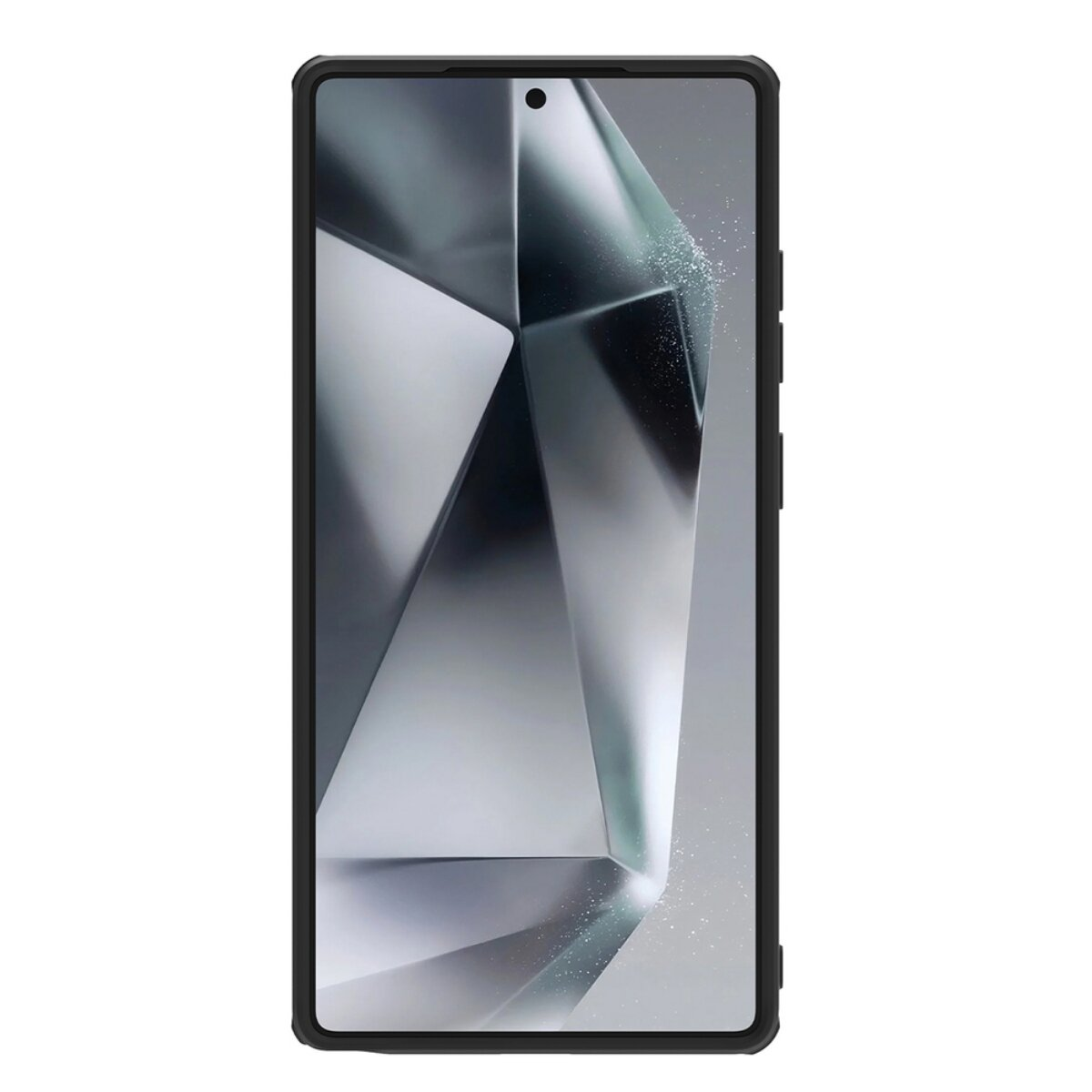 Ein Smartphone mit schwarzem Rahmen und geometrischem Design auf dem Bildschirm. Der Hintergrund ist weiß.