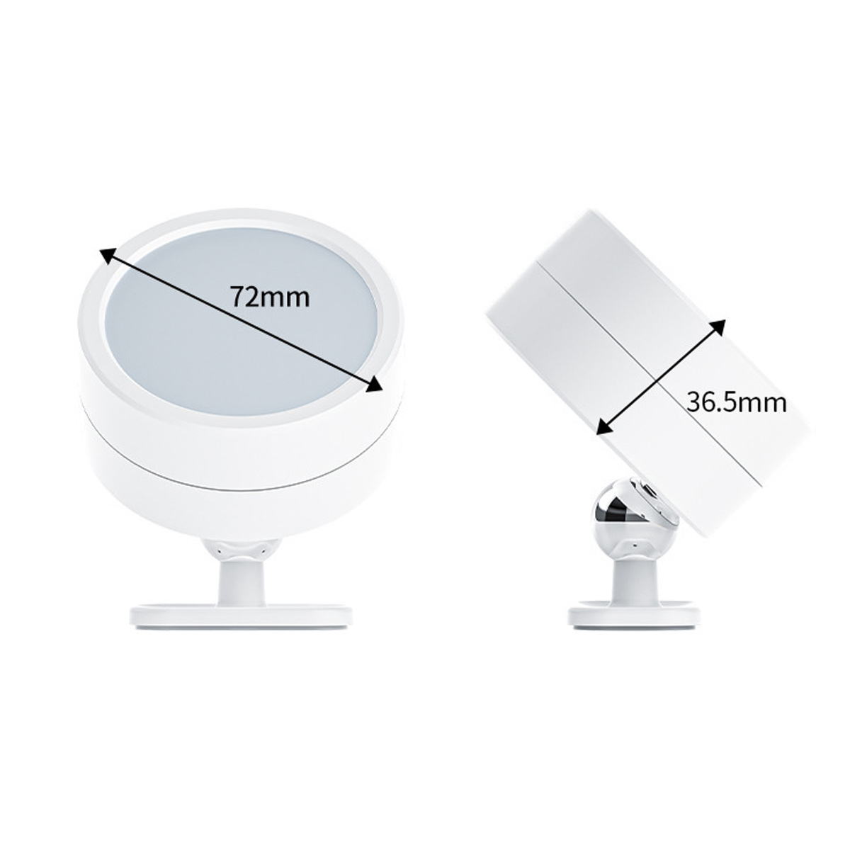 Zwei weiße, runde Lichter mit Maßangaben. Eines ist 72 mm breit und das andere 36,5 mm. Jedes hat eine Basis.