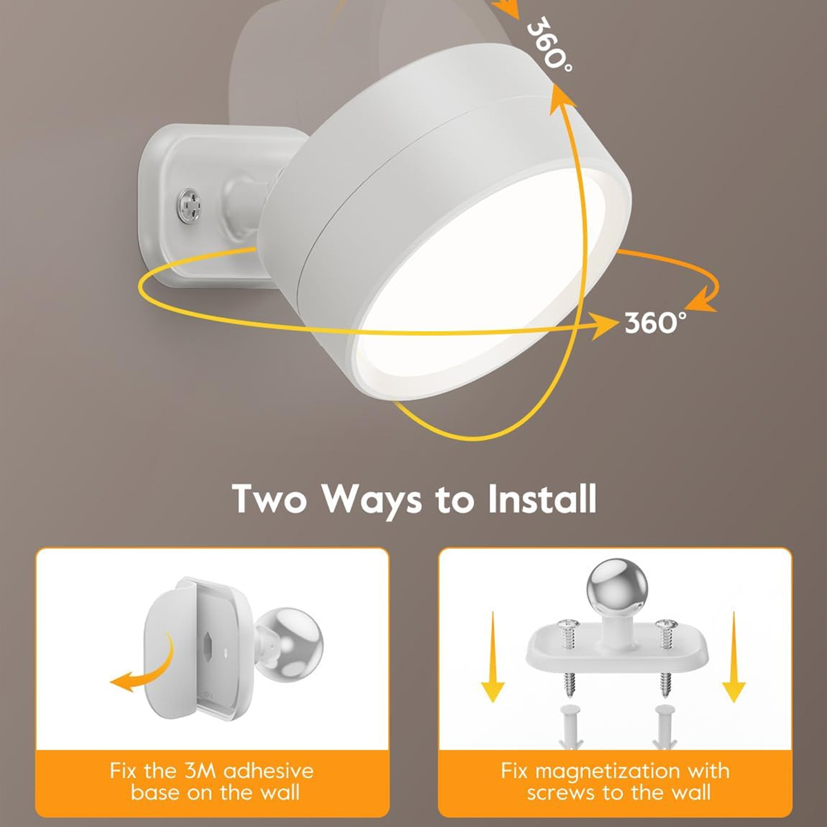 Weiße Wandleuchte mit 360°-Drehung und Diagramme, die 2 Installationsmethoden zeigen: Kleber oder Schrauben.