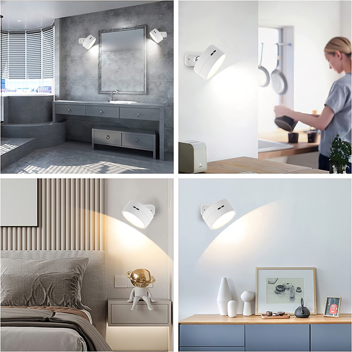Vier Bilder zeigen weiße Strahler in verschiedenen Umgebungen: Bad, Küche, Schlafzimmer und Wohnzimmer. Jede Szene zeigt das Licht.