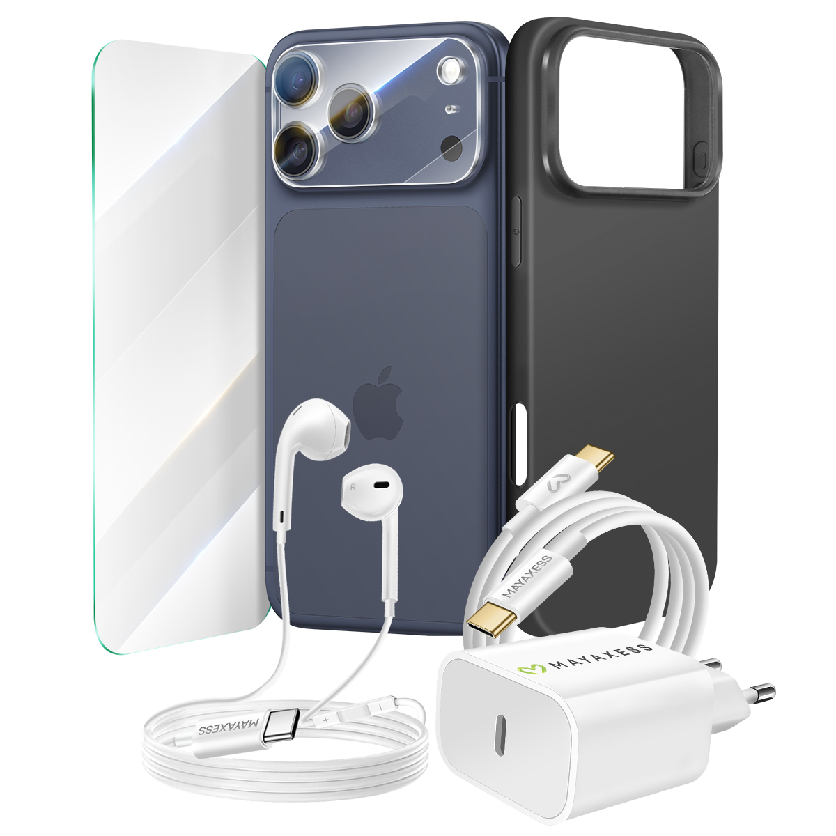 Ein iPhone mit Zubehör: Displayschutz, Hülle, Ohrhörer, weißes Ladekabel und ein weißes Netzteil. Alles neu.