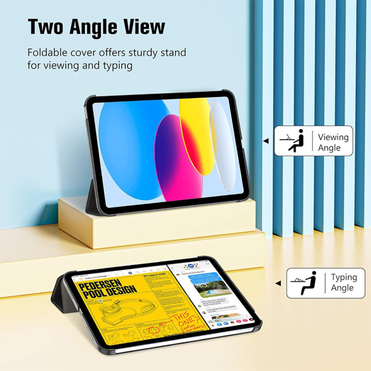 Zwei Tablets mit unterschiedlichen Winkeln. Eines zeigt einen bunten Bildschirm, das andere ein gelbes Design. Text: Zwei Winkelansicht.