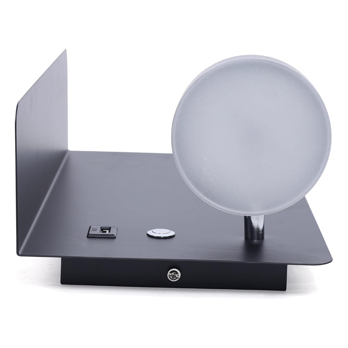 Eine moderne schwarze Metalllampe mit einer mattierten Glaskugel. Sie hat einen quadratischen Sockel mit einem Netzschalter und einem Schlüsselloch.