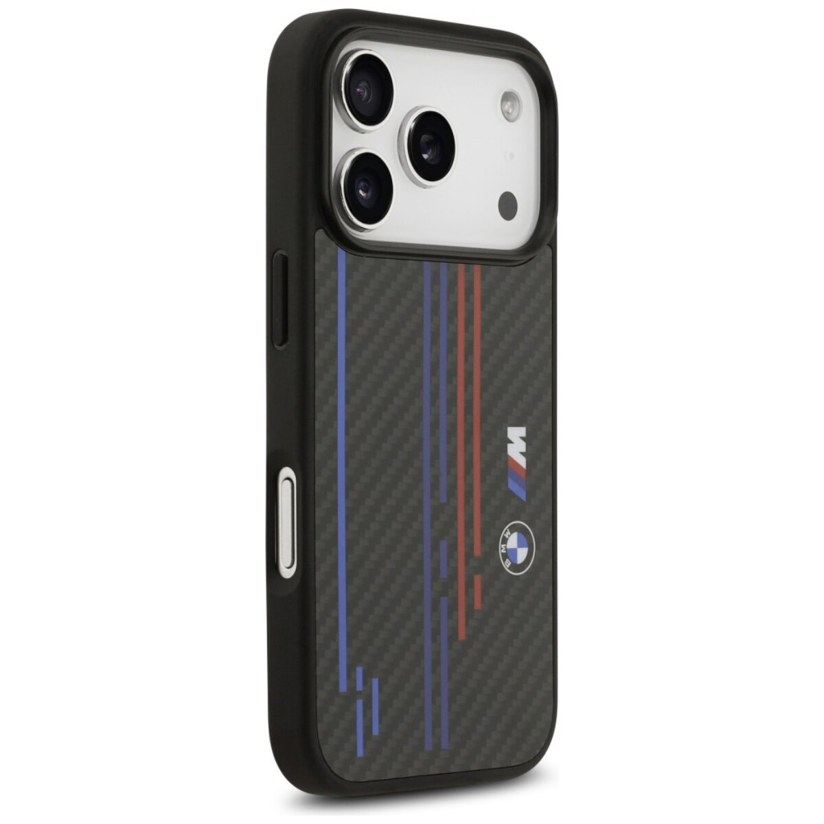 Schwarze Handyhülle mit Kohlefasermuster, blauen und roten Streifen, BMW-Logo und M-Logo.