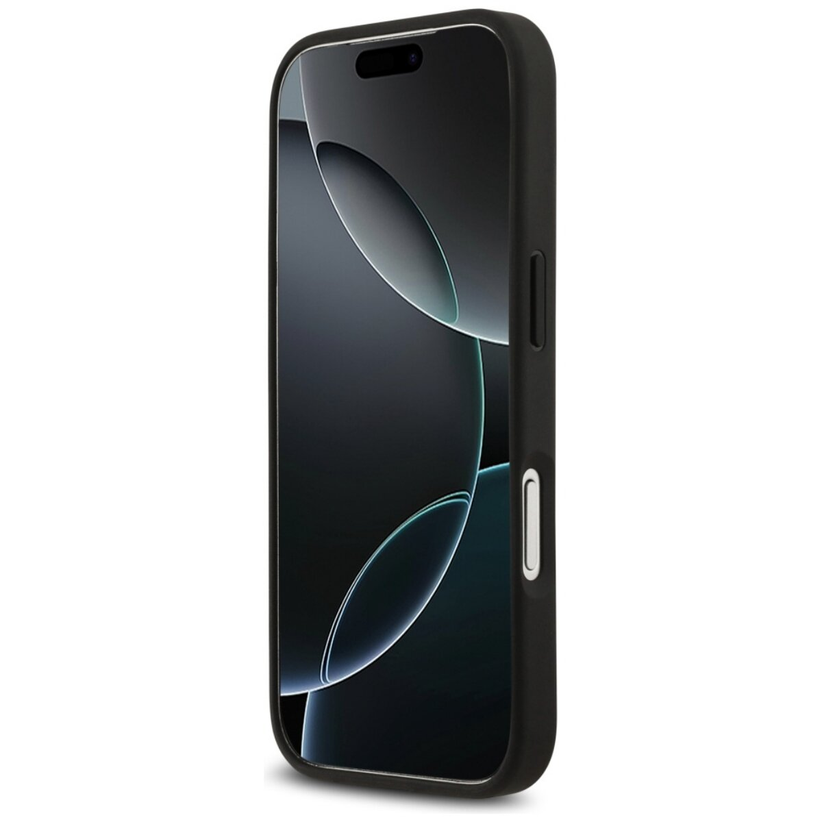 Ein schwarzes Smartphone in einer schwarzen Hülle wird vor weißem Hintergrund gezeigt. Der Bildschirm zeigt ein dunkles, abstraktes Design.