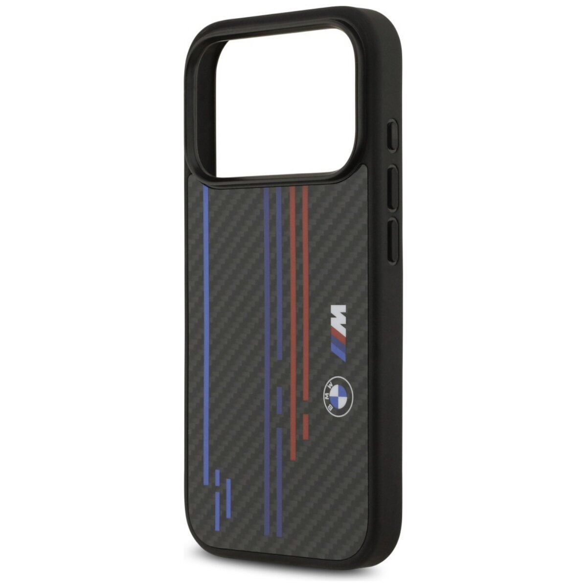 Schwarze Handyhülle mit blauen, roten Streifen und BMW-Logo. Die Hülle hat eine Kohlefaserkonsistenz.