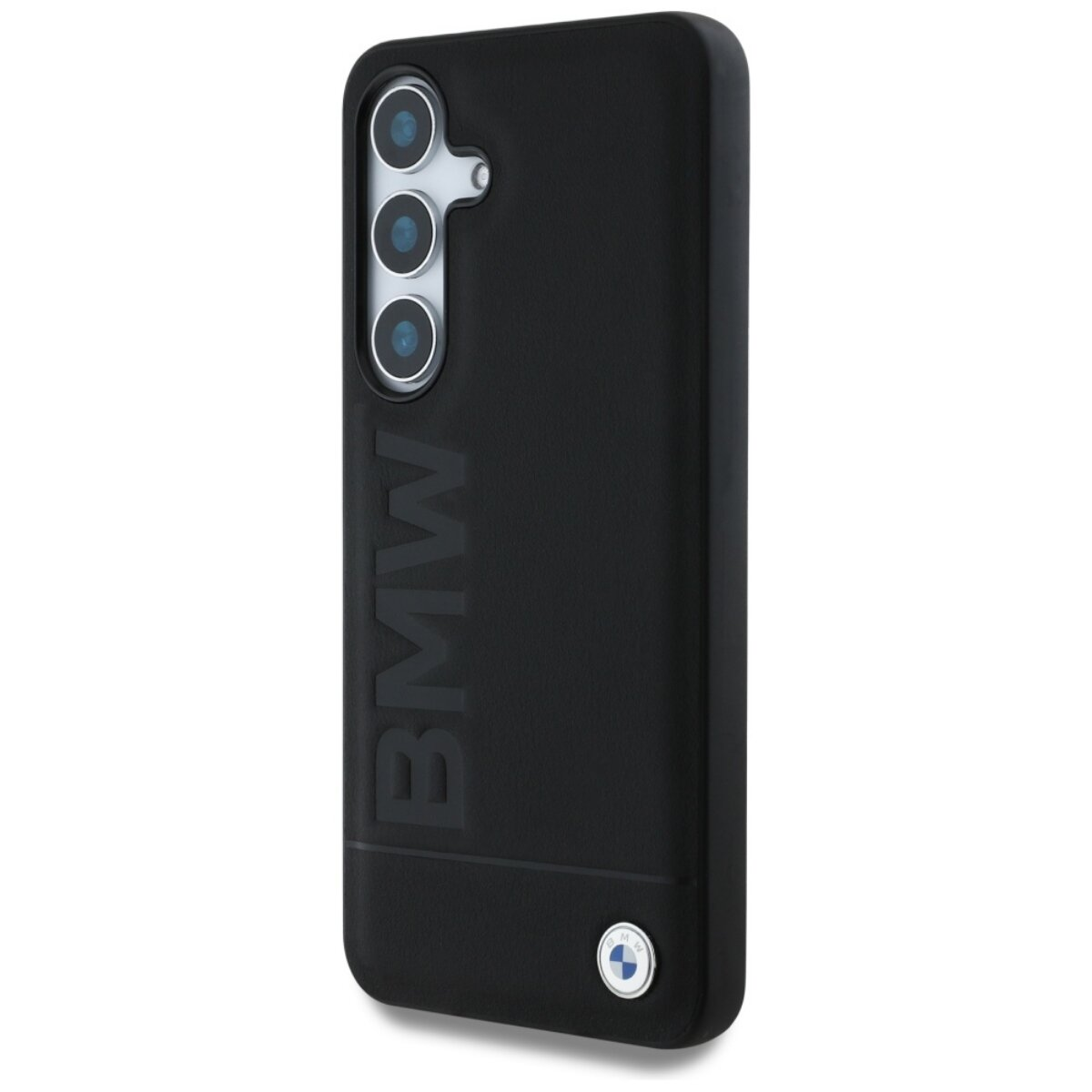 Custodia per telefono nera con logo BMW. Contiene tre lenti. Il logo BMW è impresso sulla custodia.