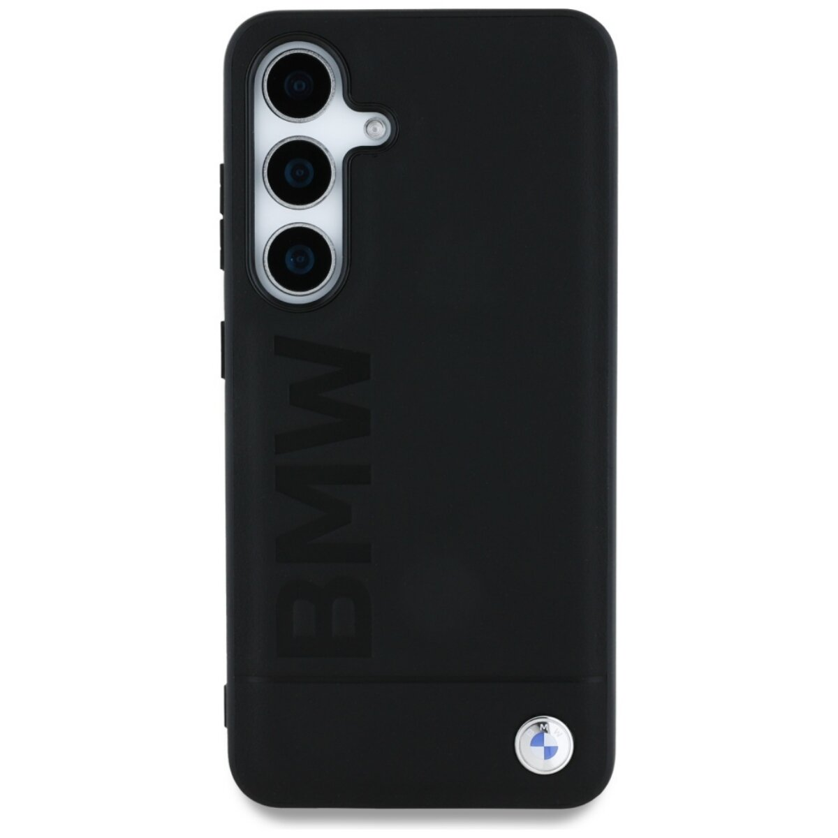 Custodia nera per telefono con logo BMW e lenti della fotocamera. La custodia è nera e ha il logo BMW sul retro.