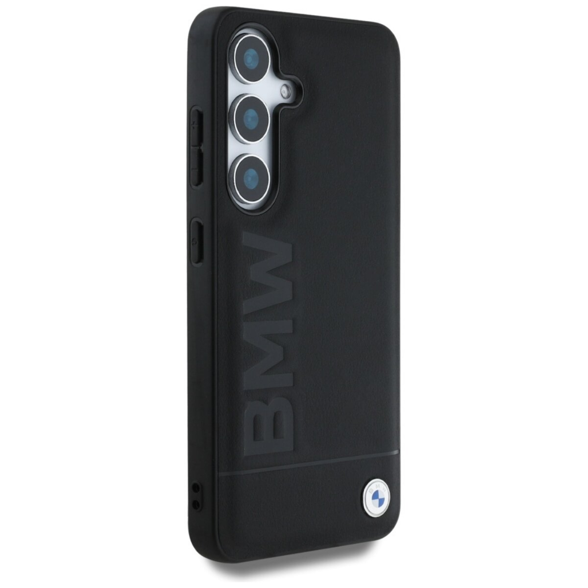 Custodia per telefono nera con logo BMW e lenti della fotocamera. È su sfondo bianco.