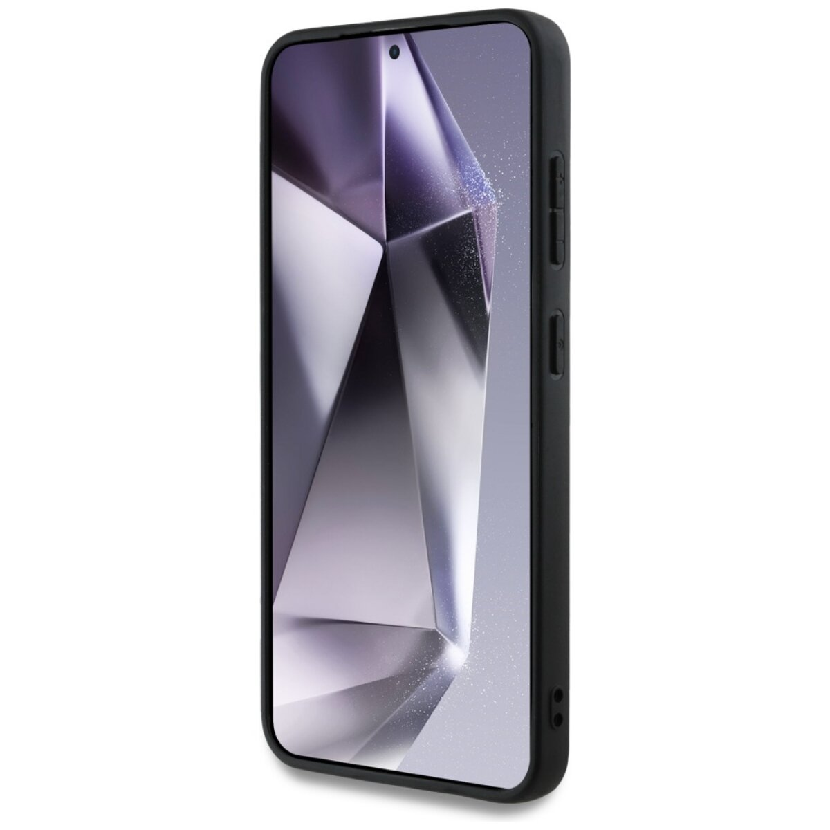 Uno smartphone nero in una custodia protettiva. Lo schermo mostra un design geometrico in tonalità di grigio e bianco.