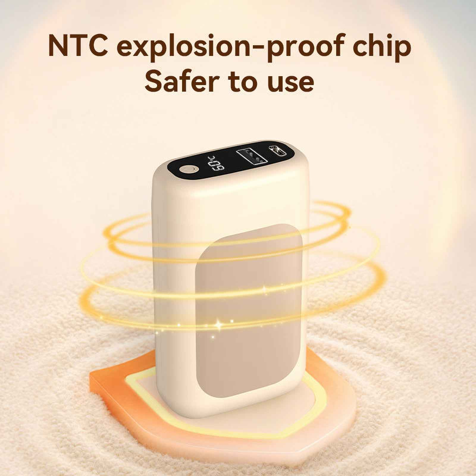 Ein cremefarbenes Gerät mit Display, das auf einem mehrschichtigen Pad ruht. Text: NTC explosionsgeschützter Chip. Sicherer zu verwenden.