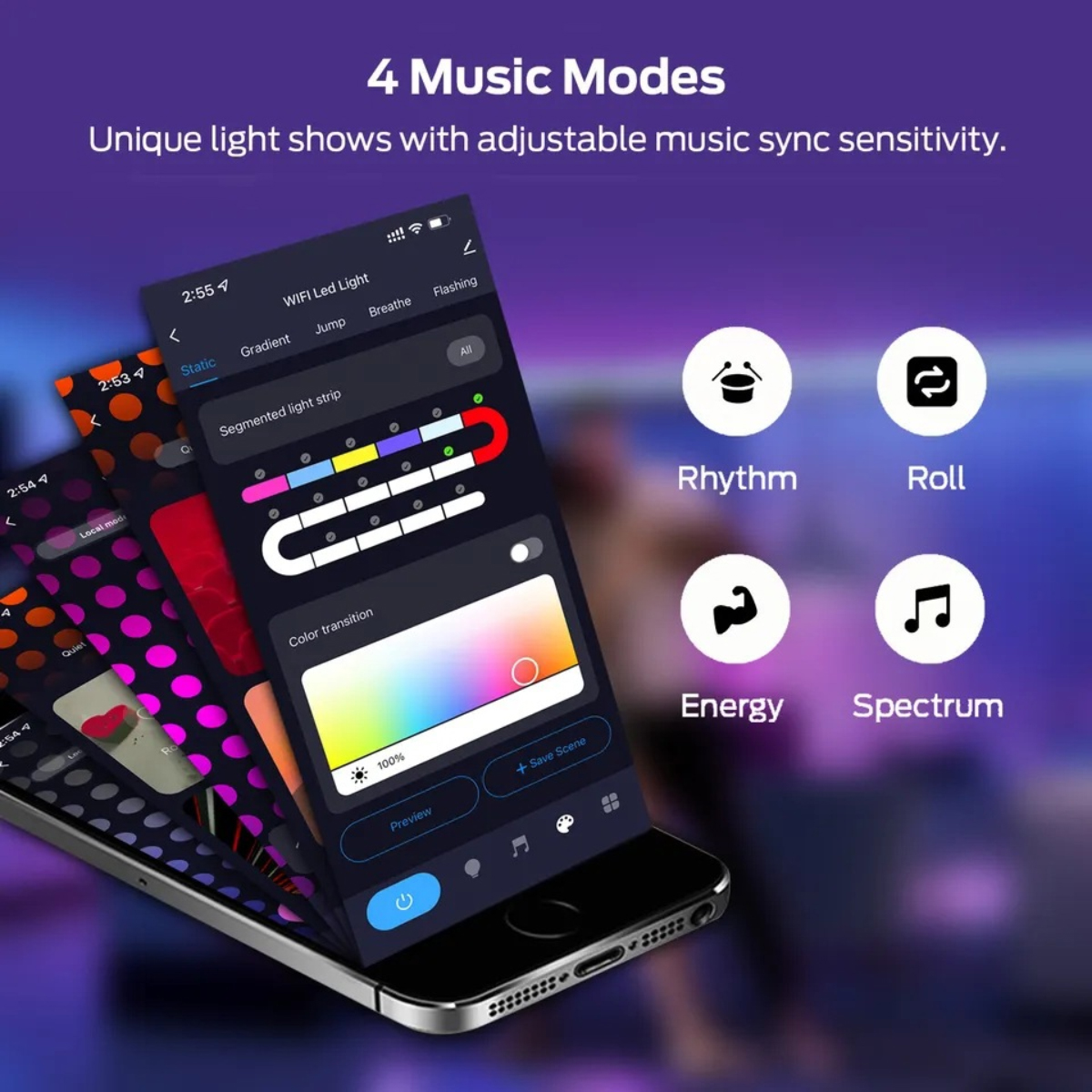 Ein Smartphone zeigt eine App-Oberfläche zur Lichtsteuerung. Vier Musikmodi mit Symbolen und eine farbwechselnde Oberfläche sind zu sehen.