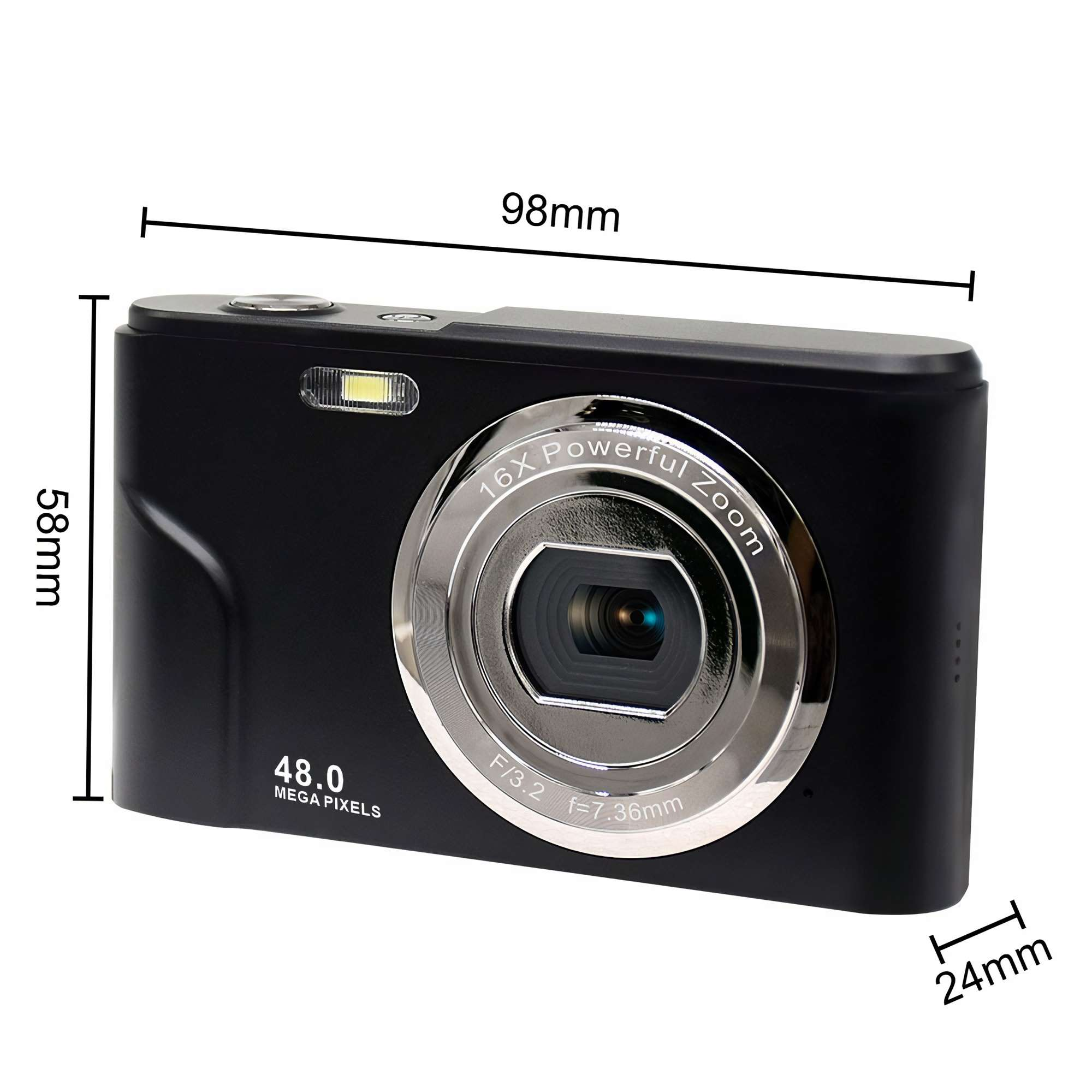 Schwarze Digitalkamera mit silbernem Objektiv und Zoomdetails, Abmessungen in mm angegeben. Verfügt über 48,0 Megapixel.