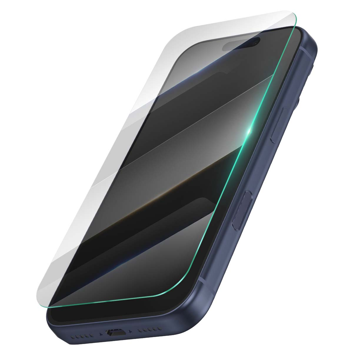 Dunkelblaues Smartphone mit Displayschutz. Der Bildschirm ist schwarz, mit einem grünen Rand um den Schutz.