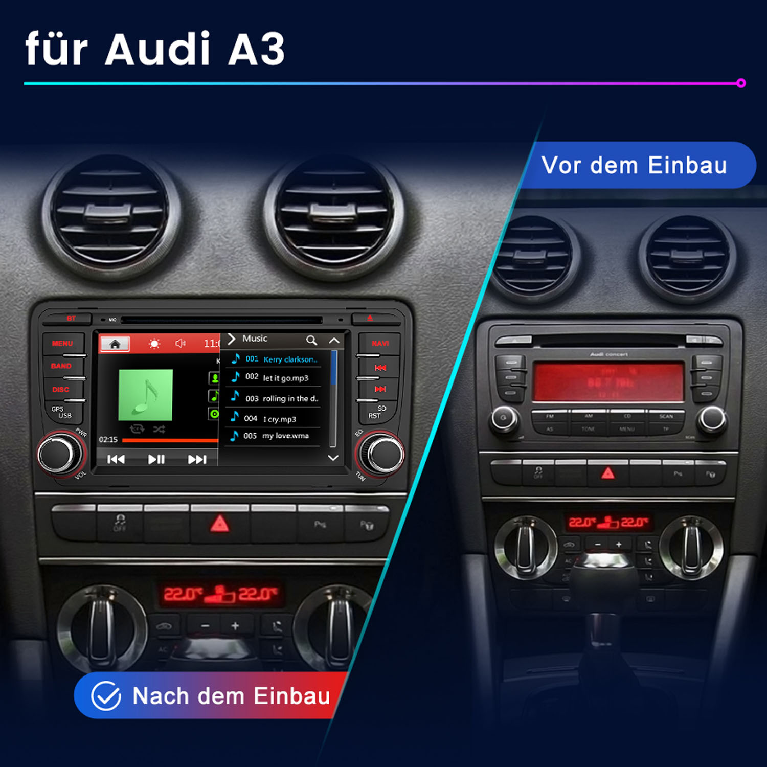 Vergleich des Armaturenbretts des Autos: vor und nach der Installation. Zeigt Radio- und Musiksteuerungen. Temperaturanzeigen ebenfalls gezeigt.