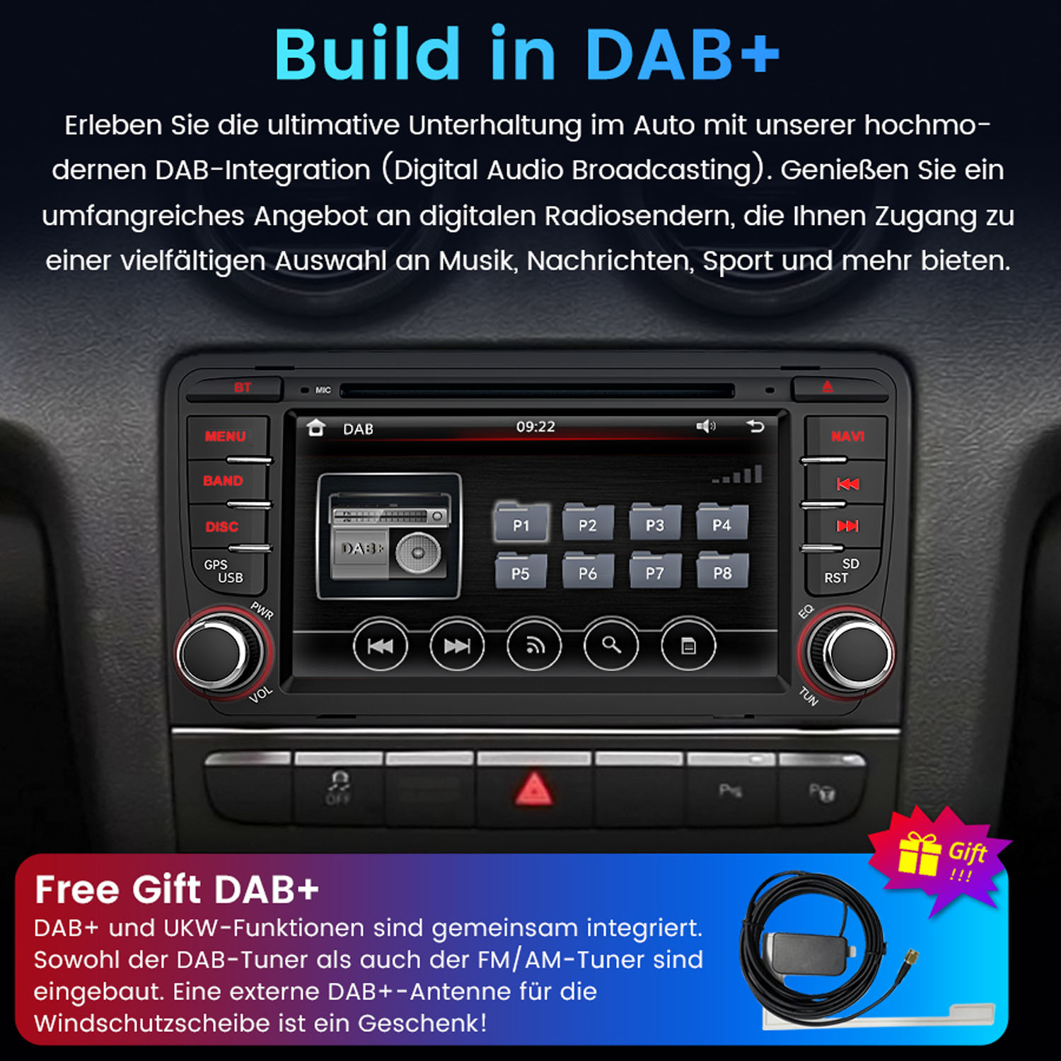 Autoradio mit DAB+-Funktionen, Tasten und Bildschirm. Enthält ein Geschenk einer Antenne und Text zu DAB+ Funktionen.