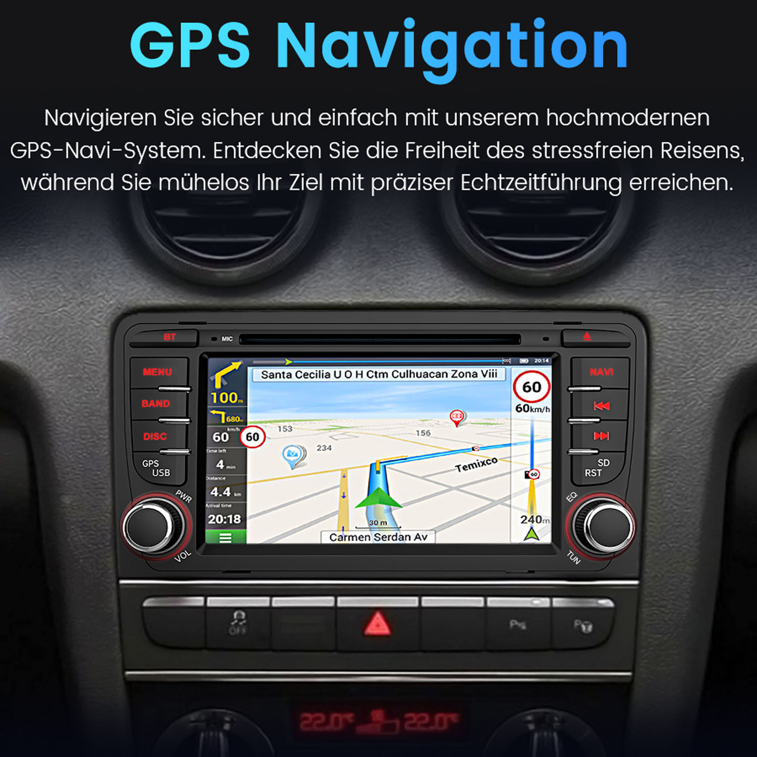 Auto-Navigationssystembildschirm, der eine Karte mit Routenführung und Fahrzeuginformationen anzeigt.