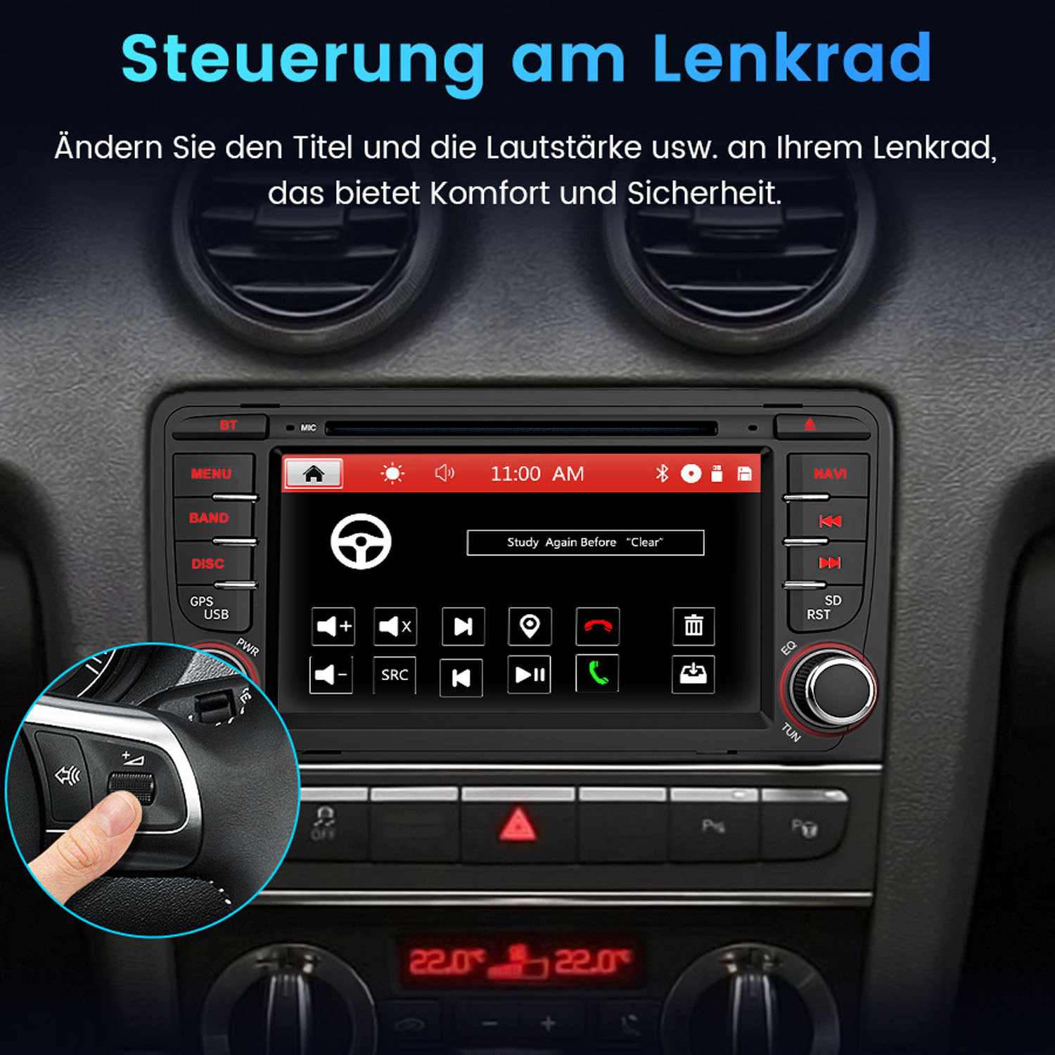 Autoradio mit Lenkradsteuerung. Eine Hand regelt die Lautstärke. Der Bildschirm zeigt Uhrzeit und Radiooptionen.