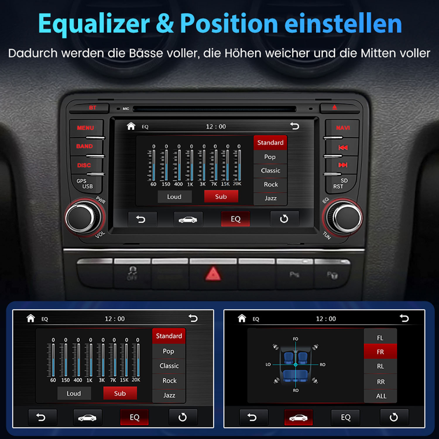 Autoradio-Bildschirm mit EQ-Einstellungen. Optionen umfassen Standard, Pop, Classic, Rock und Jazz.