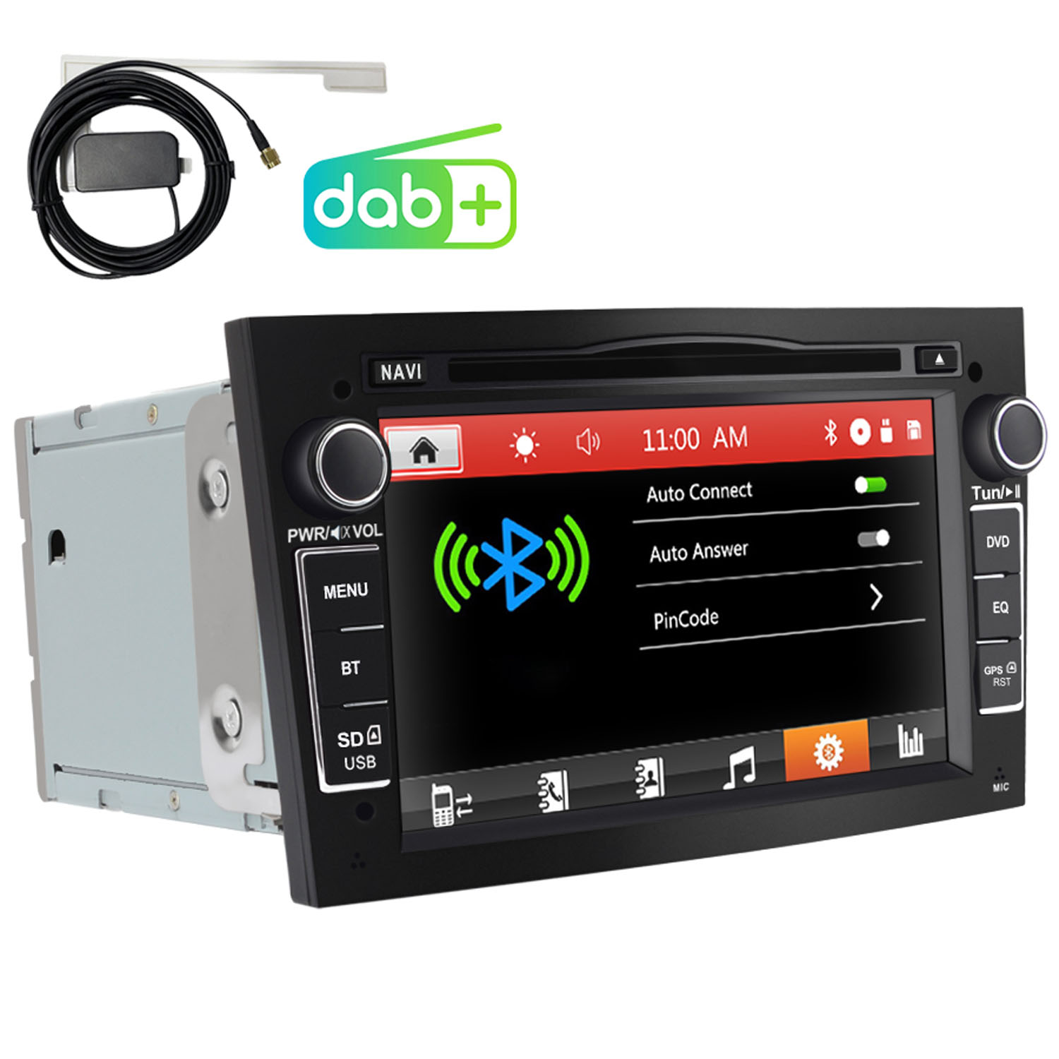 Autoradio mit DAB+ Logo, Touchscreen und Knöpfen. Es zeigt ein Bluetooth-Symbol und ein Einstellungsmenü. Inklusive Antenne und Kabel.