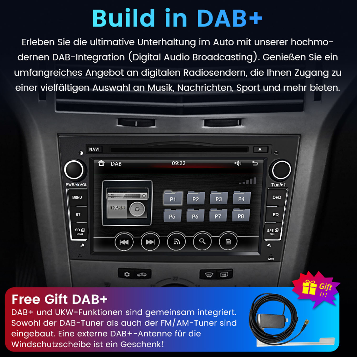 Autoradio mit DAB+-Funktionen, Tasten und digitaler Anzeige. Unten ist eine Geschenkbox mit einem Antennenkabel zu sehen.